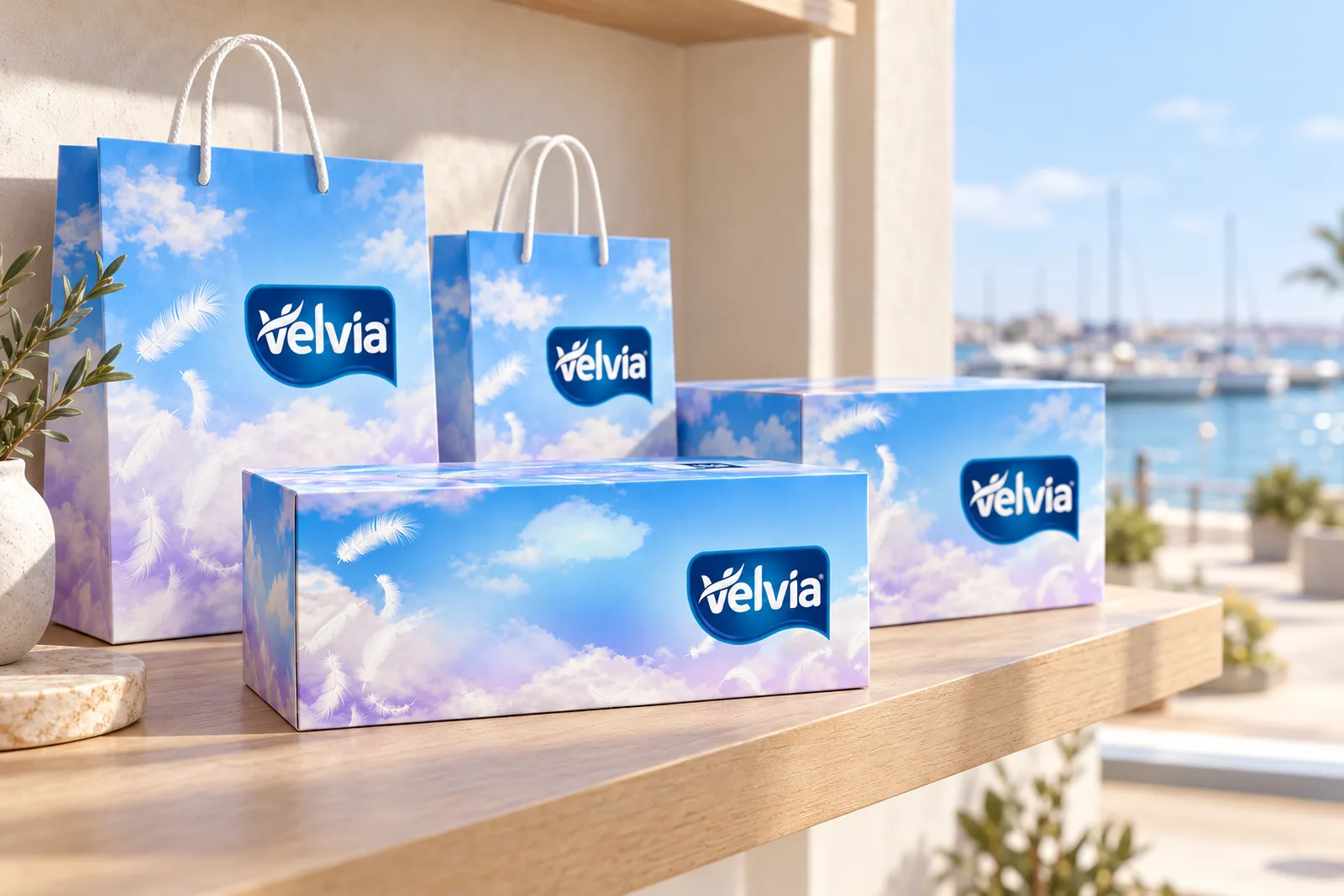 Velvia branded boxes and carrier bags on a minimal shelf beside a window onto Ajman.
