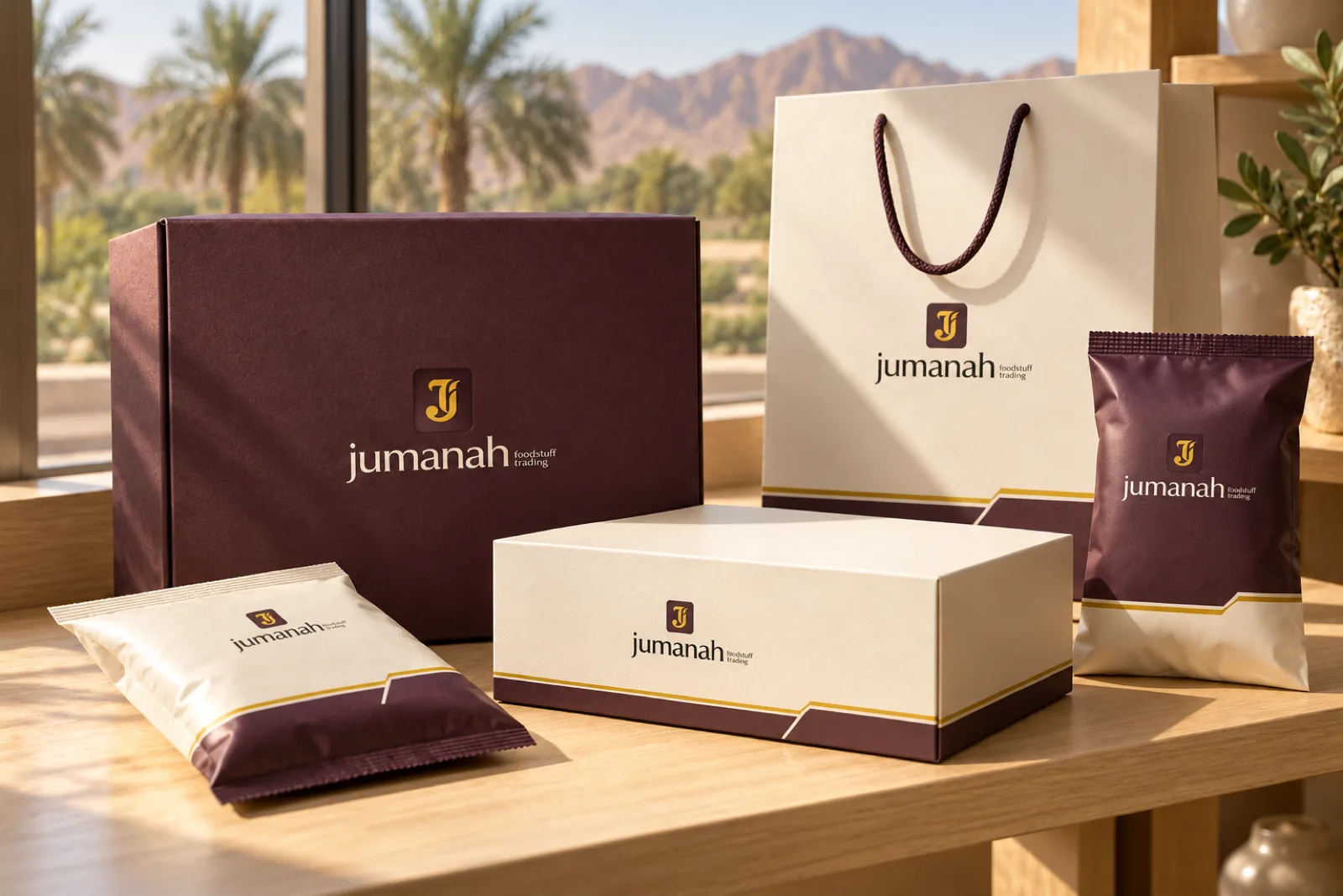 A boxes and bags on a shelf for Jumanah in a calm setting, with date palms and a mountain ridge in Al Ain softly in the background.