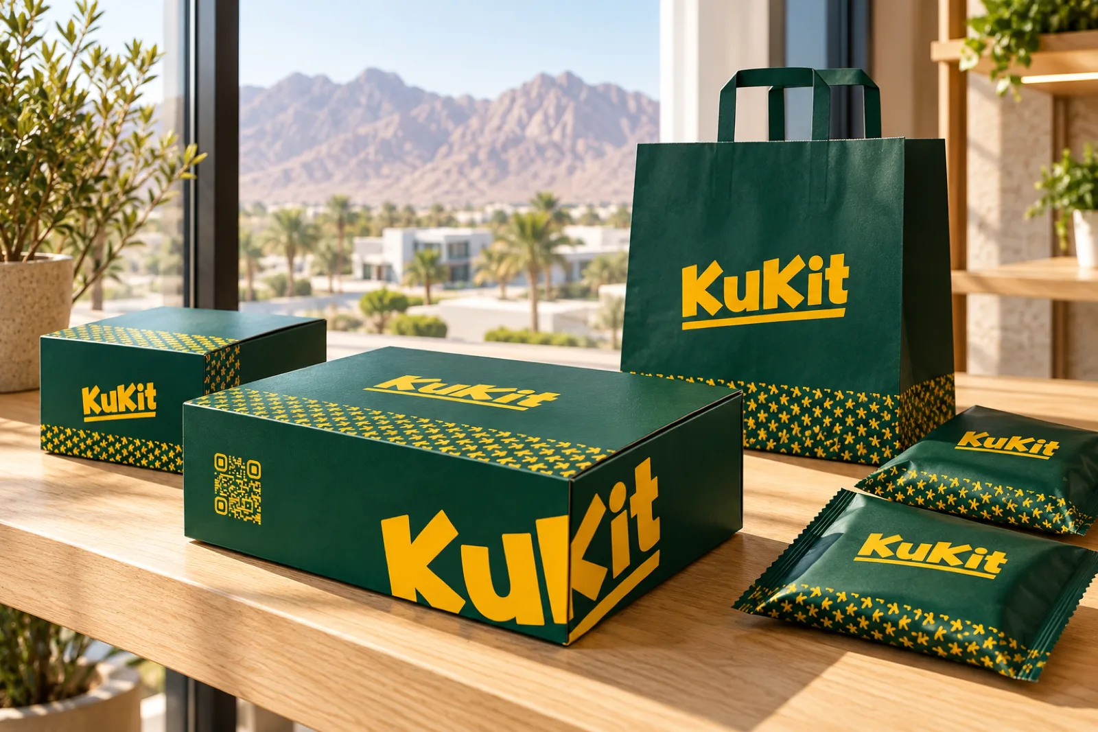 A boxes and bags on a shelf for KuKit in a calm setting, with mountains behind a business park in Ras Al Khaimah softly in the background.
