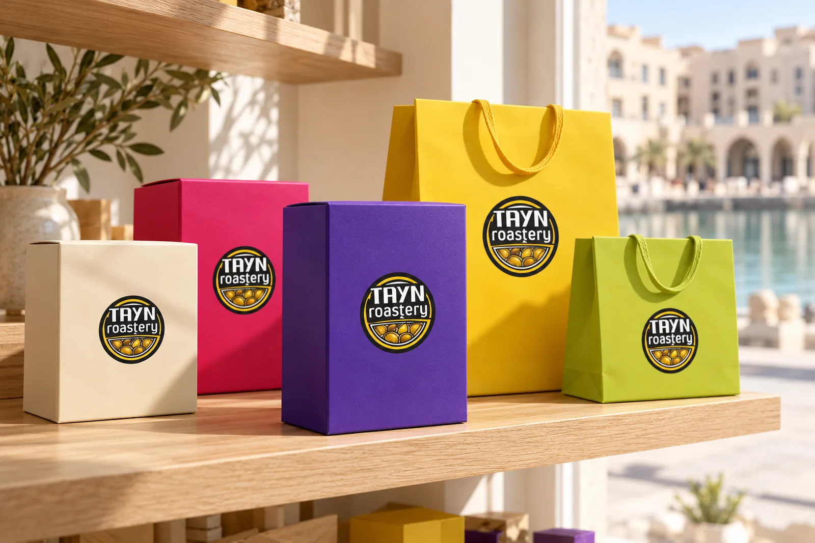 Tayn Roastery branded boxes and carrier bags on a minimal shelf beside a window onto Sharjah.