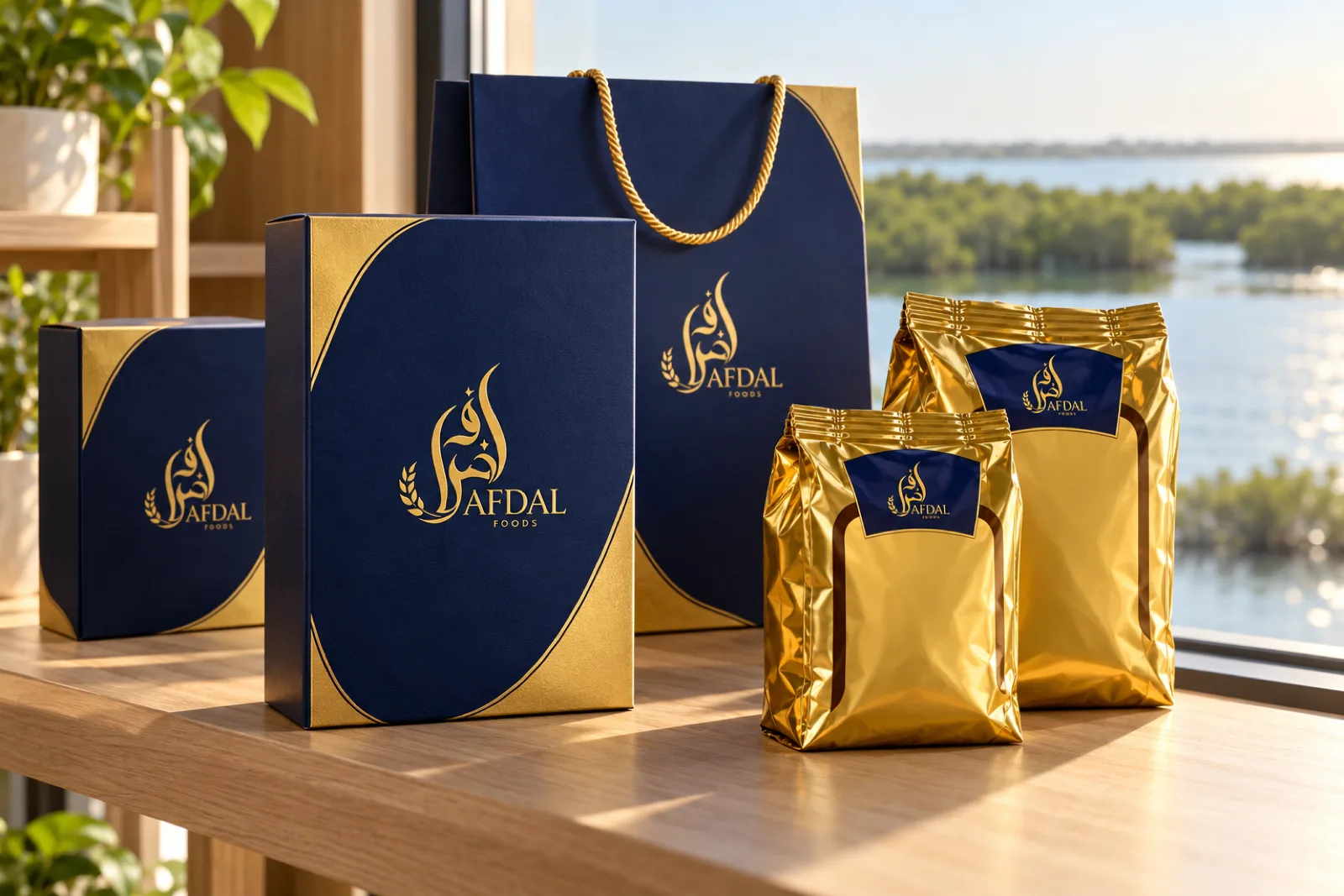 A boxes and bags on a shelf for Afdal Foods in a calm setting, with a quiet lagoon edge in Umm Al Quwain softly in the background.