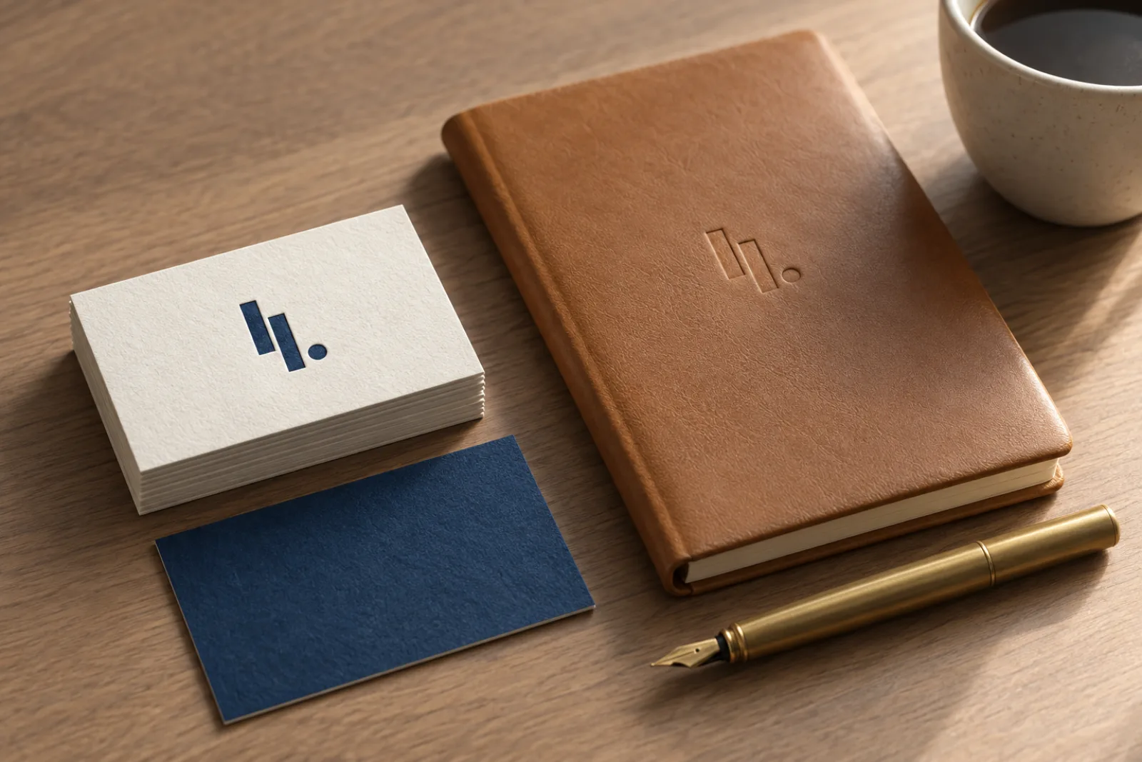 Ivory letterpress cards with an ink blue monogram beside a leather notebook and brass pen