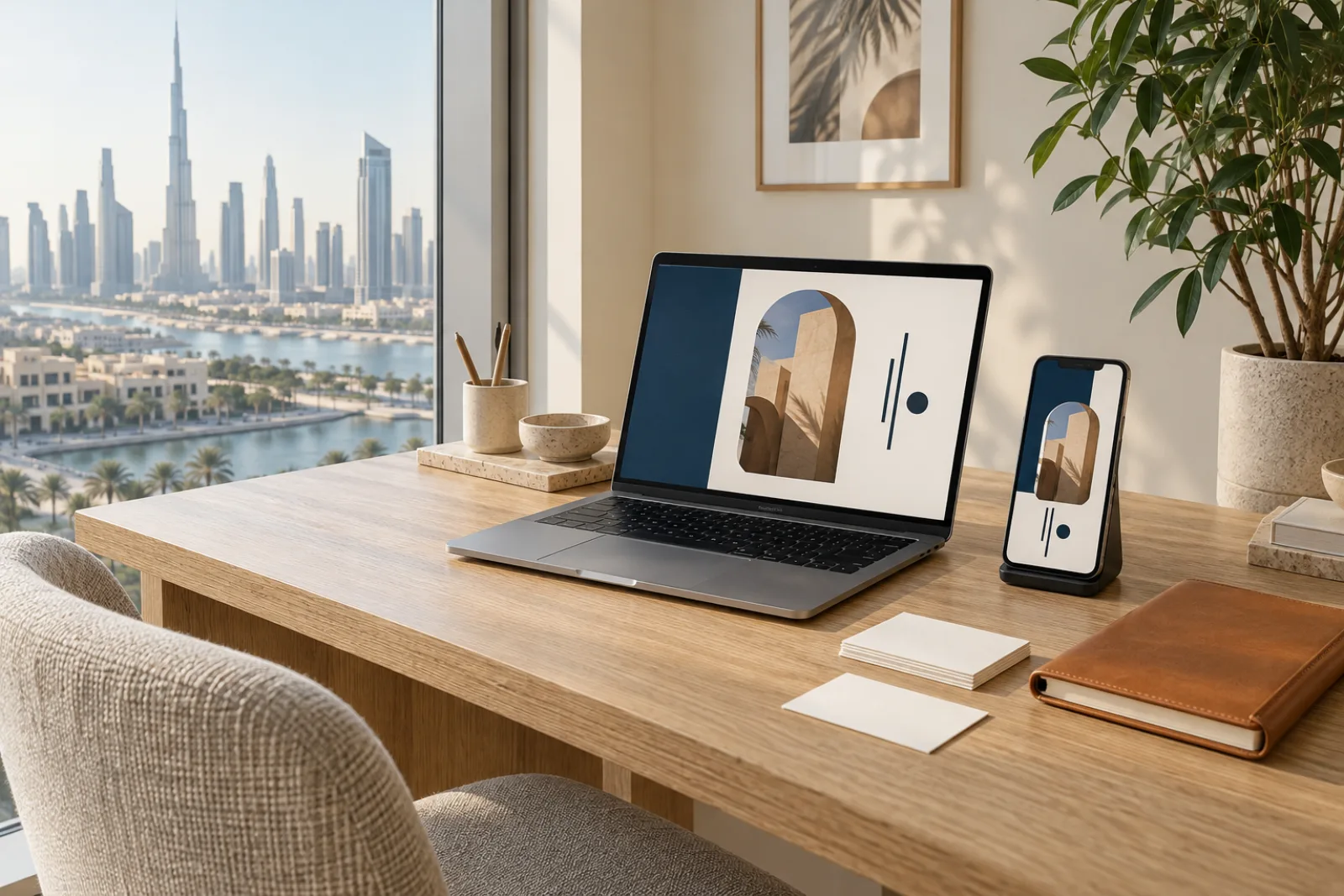 A home studio desk with a laptop and phone showing a personal website and profile