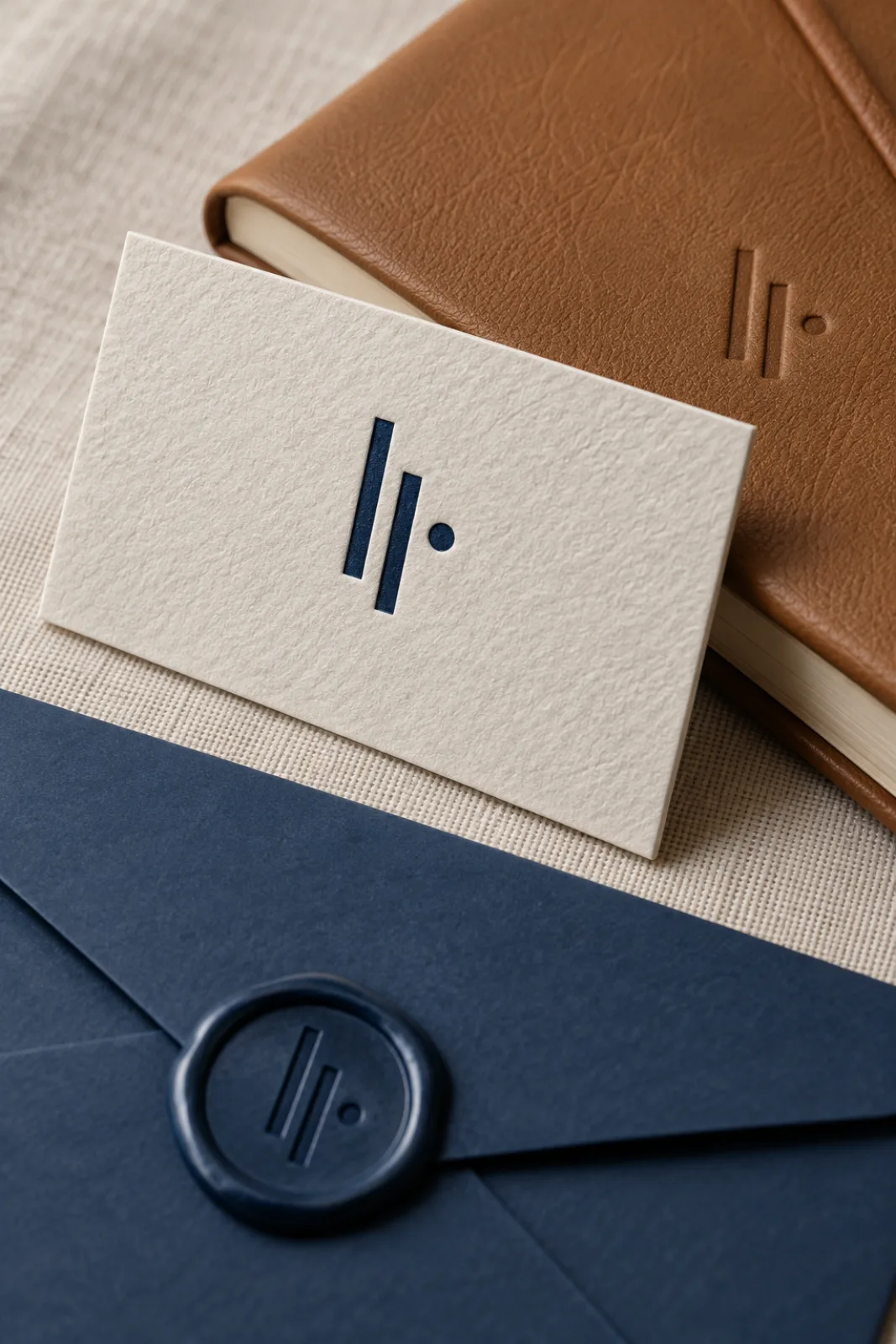 A letterpress card leaning on a leather notebook above an envelope with a wax seal