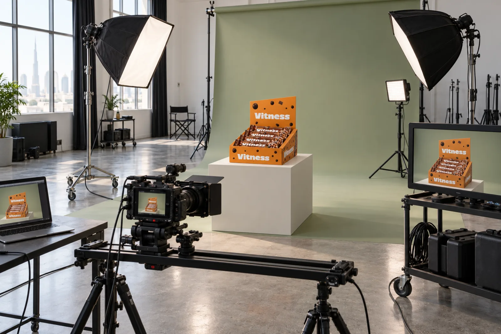 A large studio set up for a Vitness shoot with softboxes, a cinema camera and a monitor