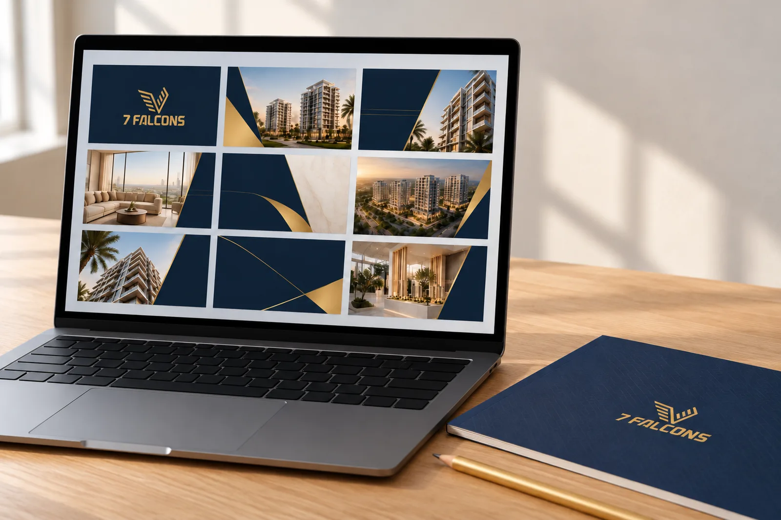 An open laptop on an oak desk showing a grid of navy and gold slide thumbnails with the 7 Falcons logo on the cover slide, beside a printed navy deck and a gold pencil.