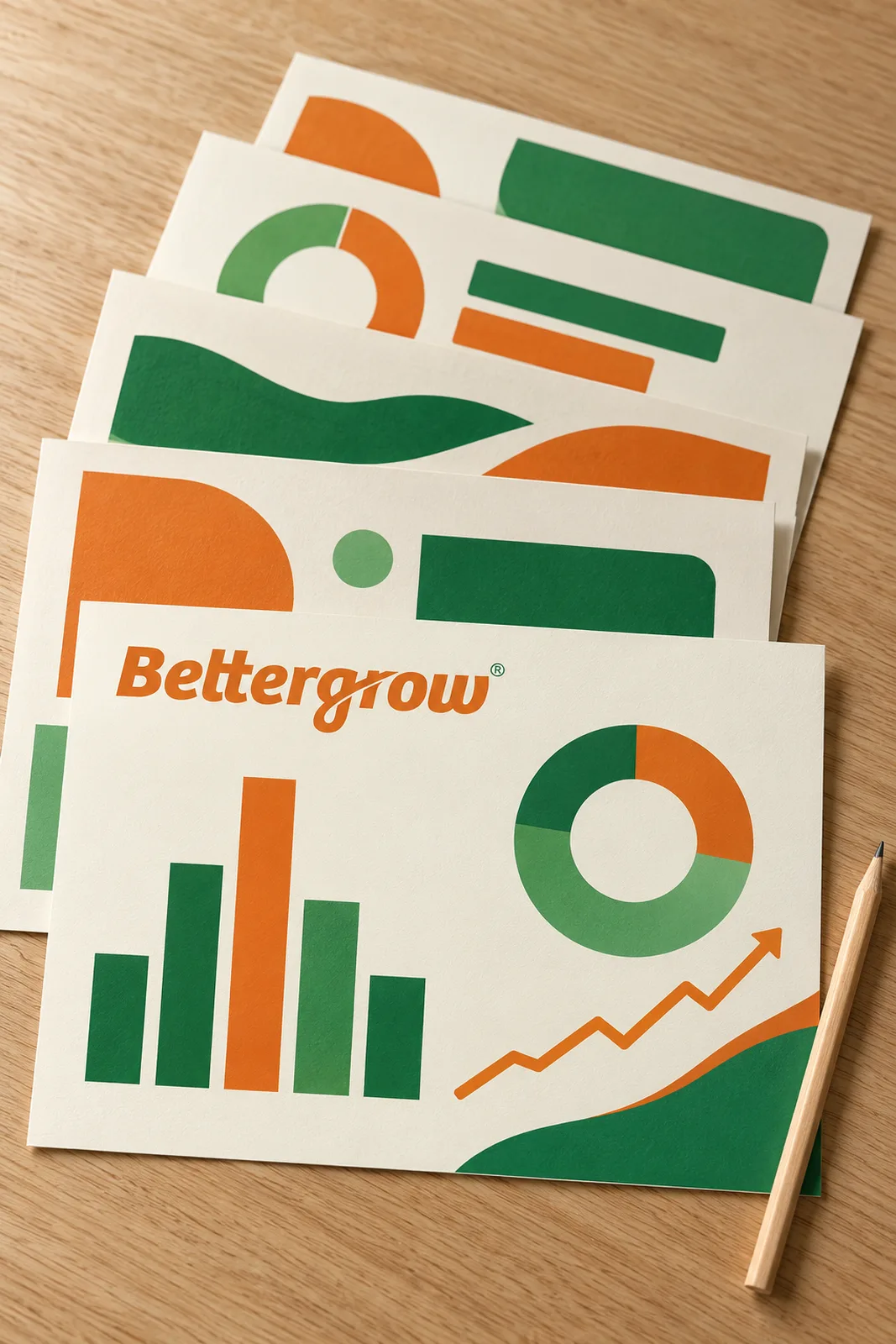 Printed pitch deck pages fanned on a light oak table, drawn with orange and green bars, a donut chart and a rising line, with the Bettergrow logo on the front page.