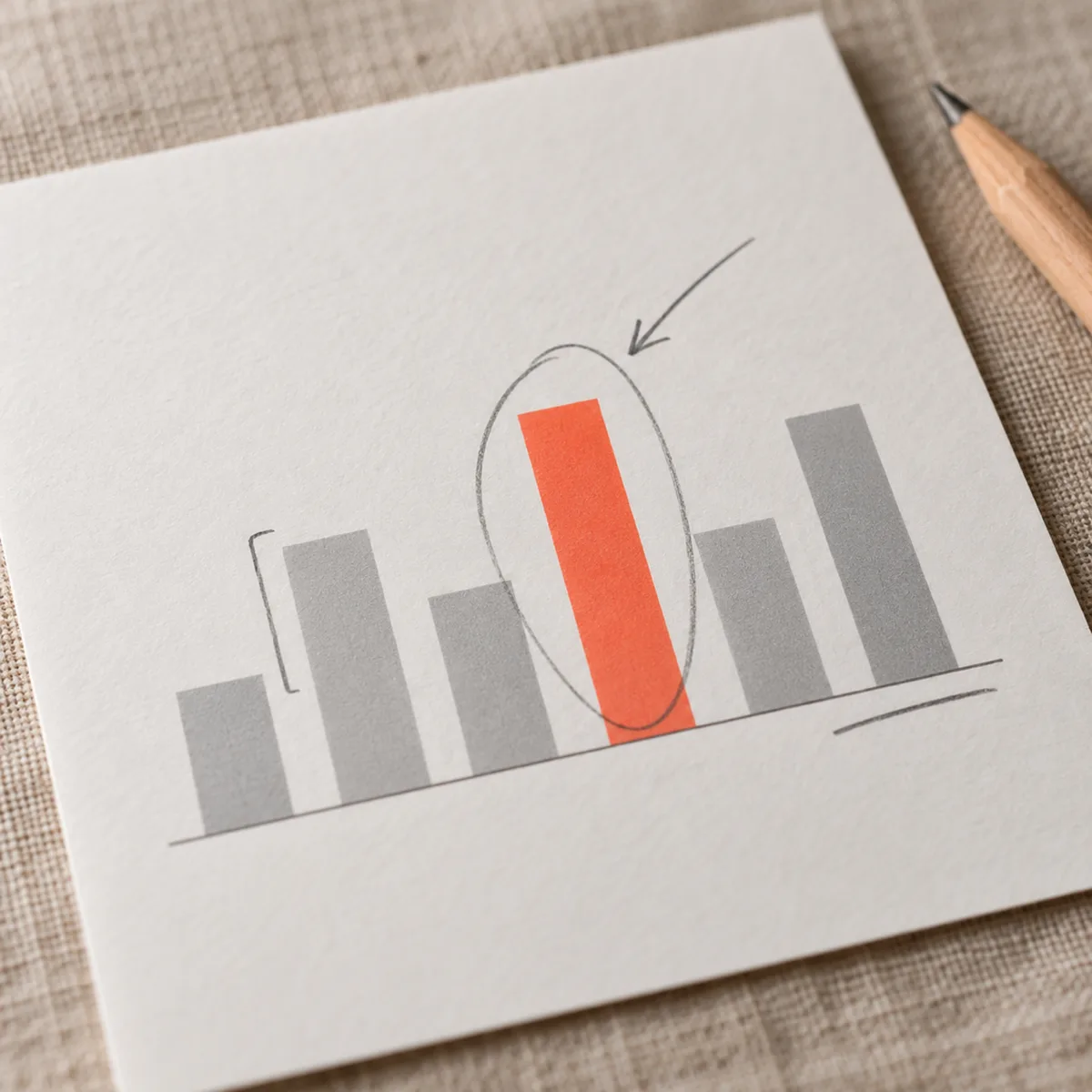 Close-up of a printed slide handout showing a simple grey and coral bar chart with pencil circle, arrow and bracket marks, on oatmeal linen with a pencil beside it.
