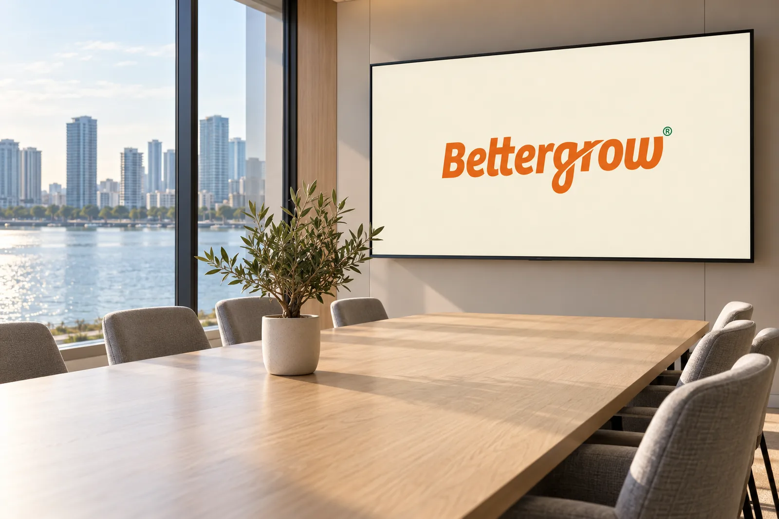 A boardroom screen showing a Bettergrow title slide above a long oak table, with Abu Dhabi through the window.