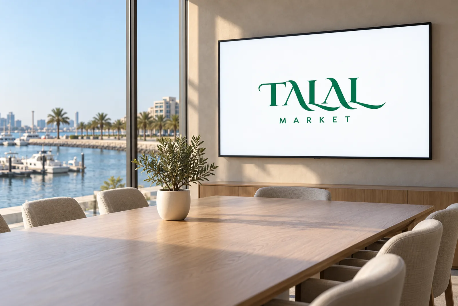 A boardroom screen showing a Talal Market title slide above a long oak table, with Ajman through the window.