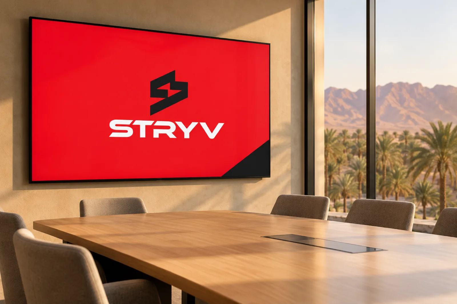 A title slide on a boardroom screen for Stryv in a calm setting, with date palms and a mountain ridge in Al Ain softly in the background.