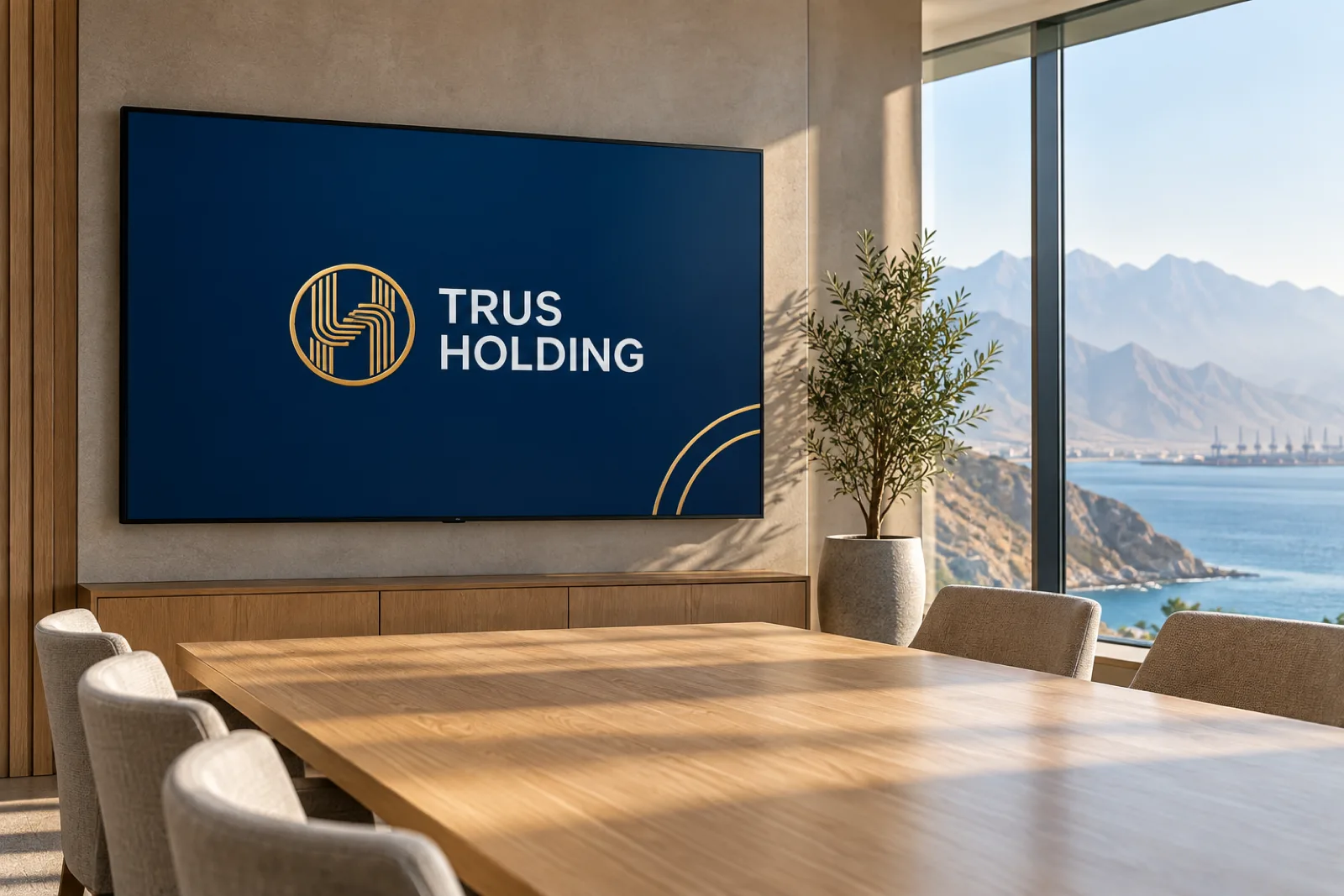 A title slide on a boardroom screen for Trus Holding in a calm setting, with mountains meeting the sea in Fujairah softly in the background.