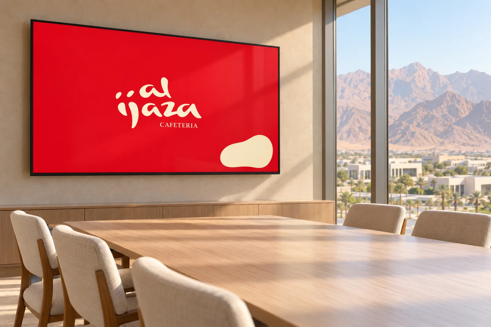 A title slide on a boardroom screen for Al Ijaza in a calm setting, with mountains behind a business park in Ras Al Khaimah softly in the background.