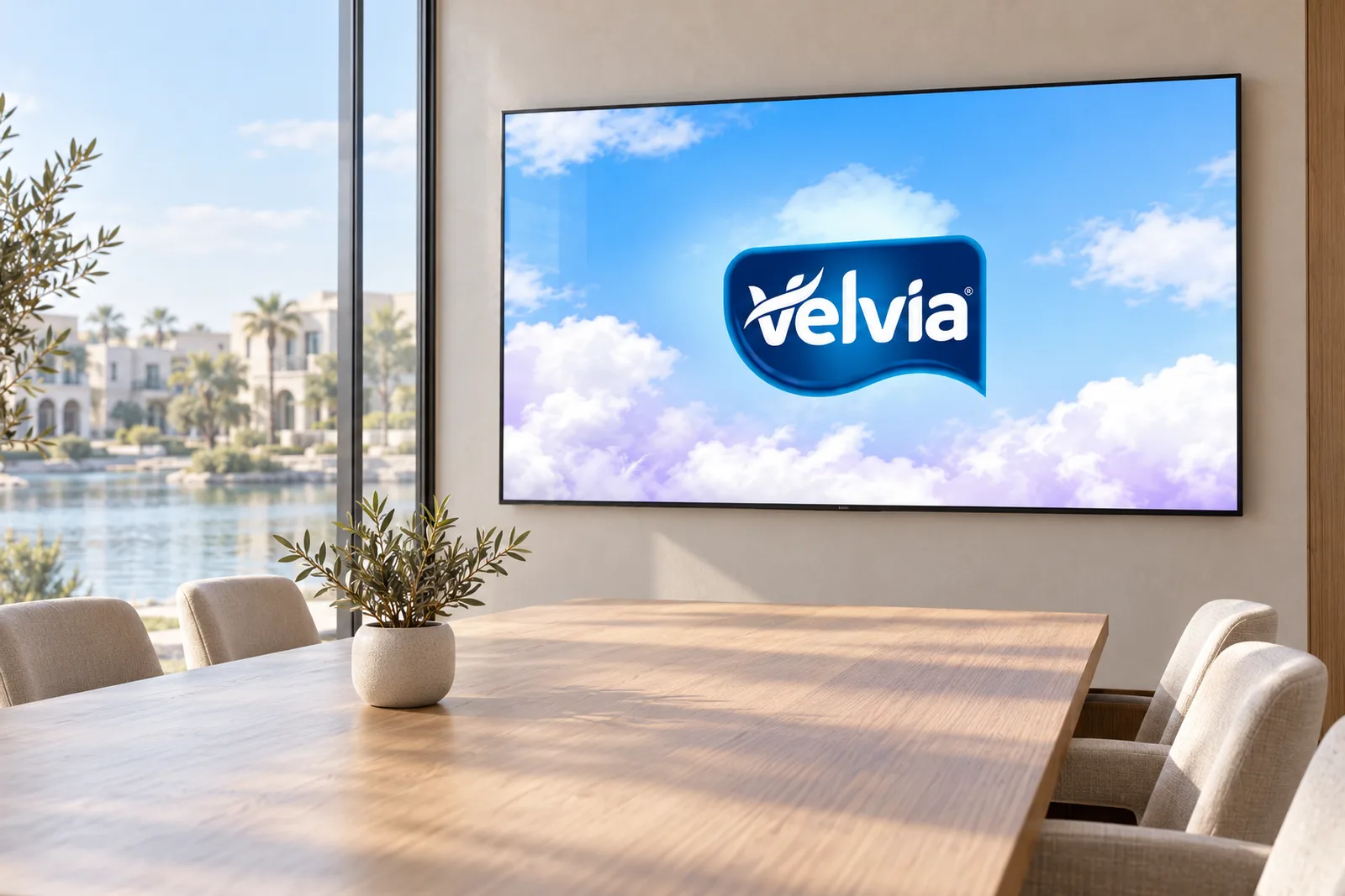 A boardroom screen showing a Velvia title slide above a long oak table, with Sharjah through the window.