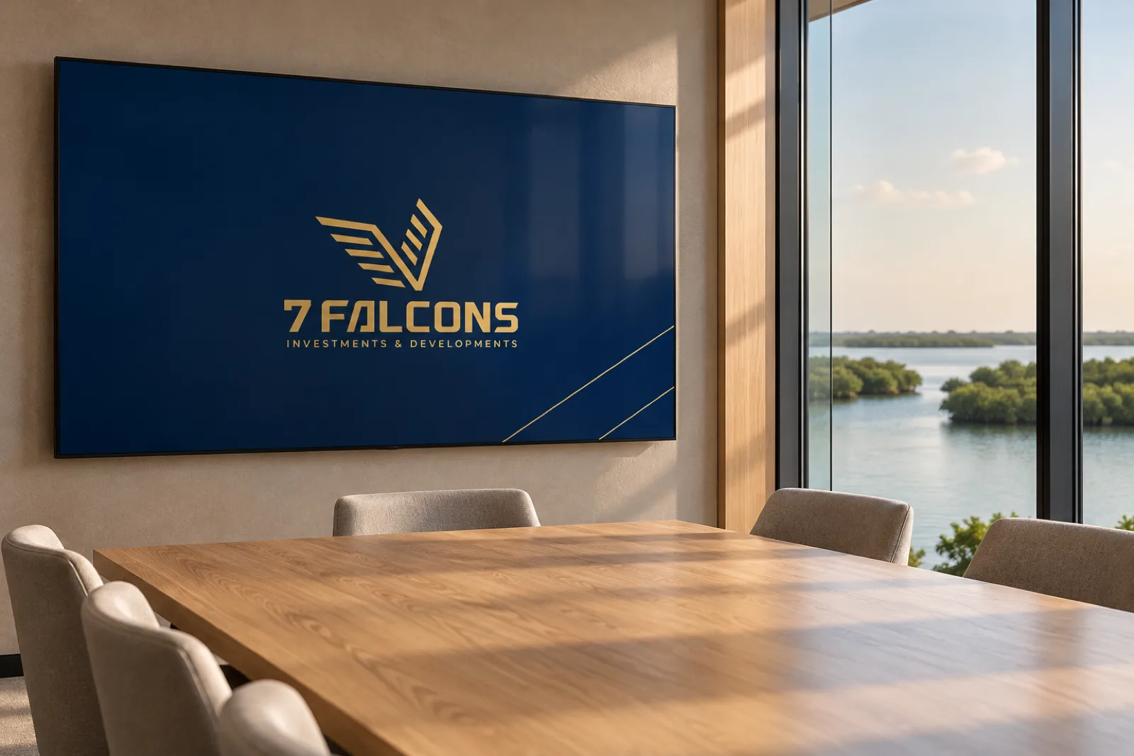 A title slide on a boardroom screen for 7 Falcons in a calm setting, with a quiet lagoon edge in Umm Al Quwain softly in the background.