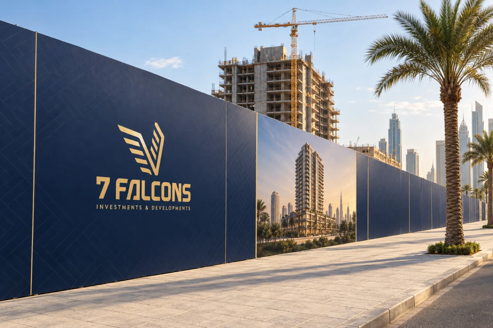 A navy 7 Falcons site hoarding with a gold logo and a tower photo panel along a Dubai street