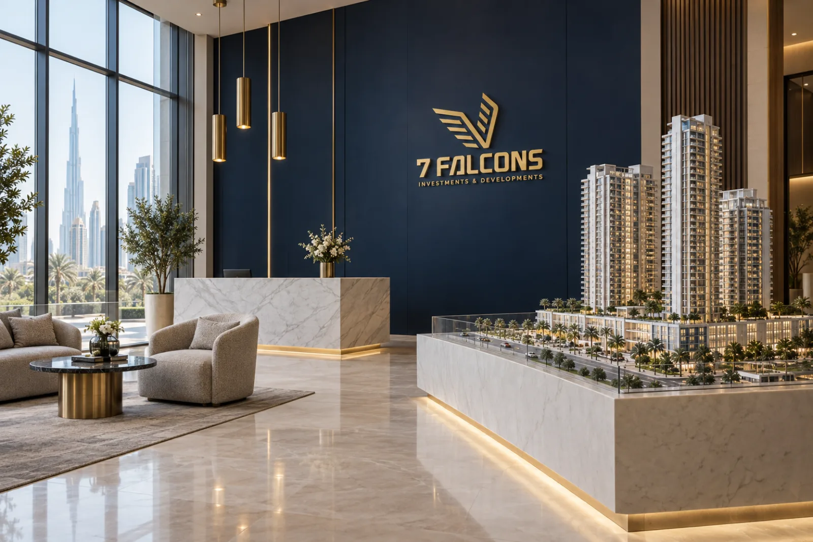 A 7 Falcons sales gallery with a navy logo wall, a marble desk and a scale model of towers