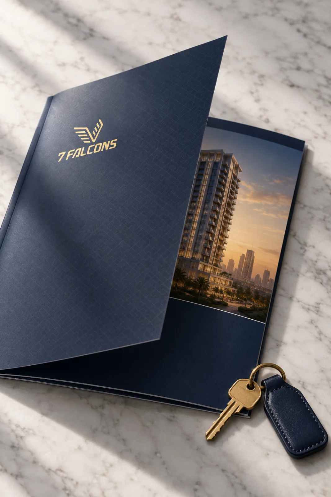 A navy 7 Falcons sales brochure with a gold foil logo and a key on a leather fob on marble