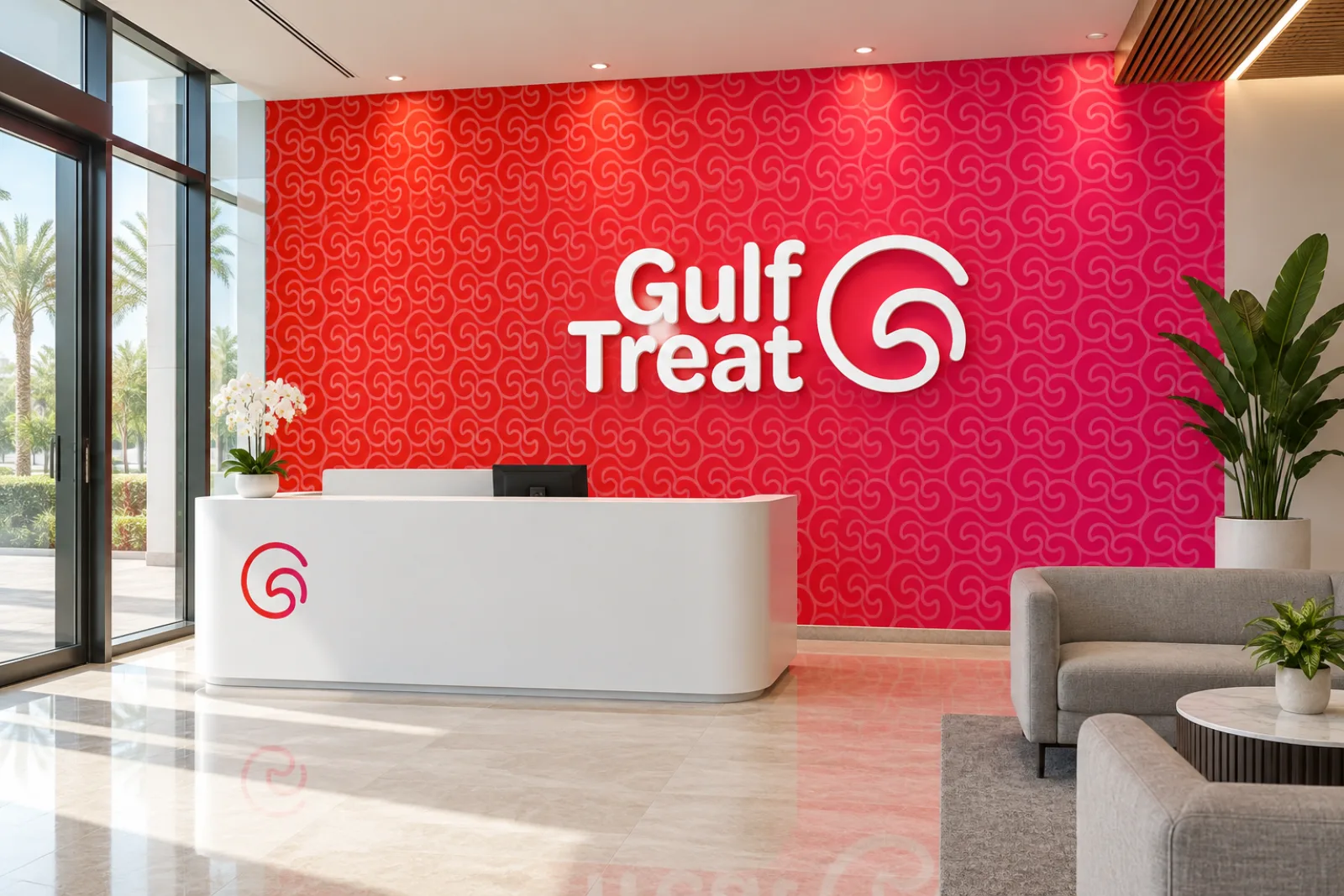 A Gulf Treat lobby with a gradient pattern wall and a large white logo
