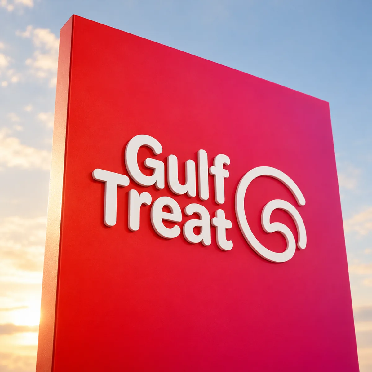 The white Gulf Treat logo on the red to pink face of a monolith sign in low sun