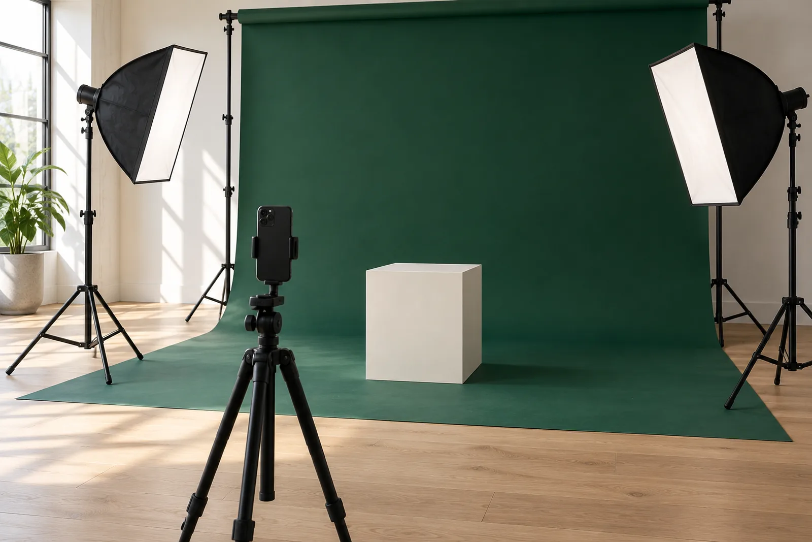 A bright content studio with a green paper backdrop, two softbox lights, a phone on a tripod and an empty plinth.