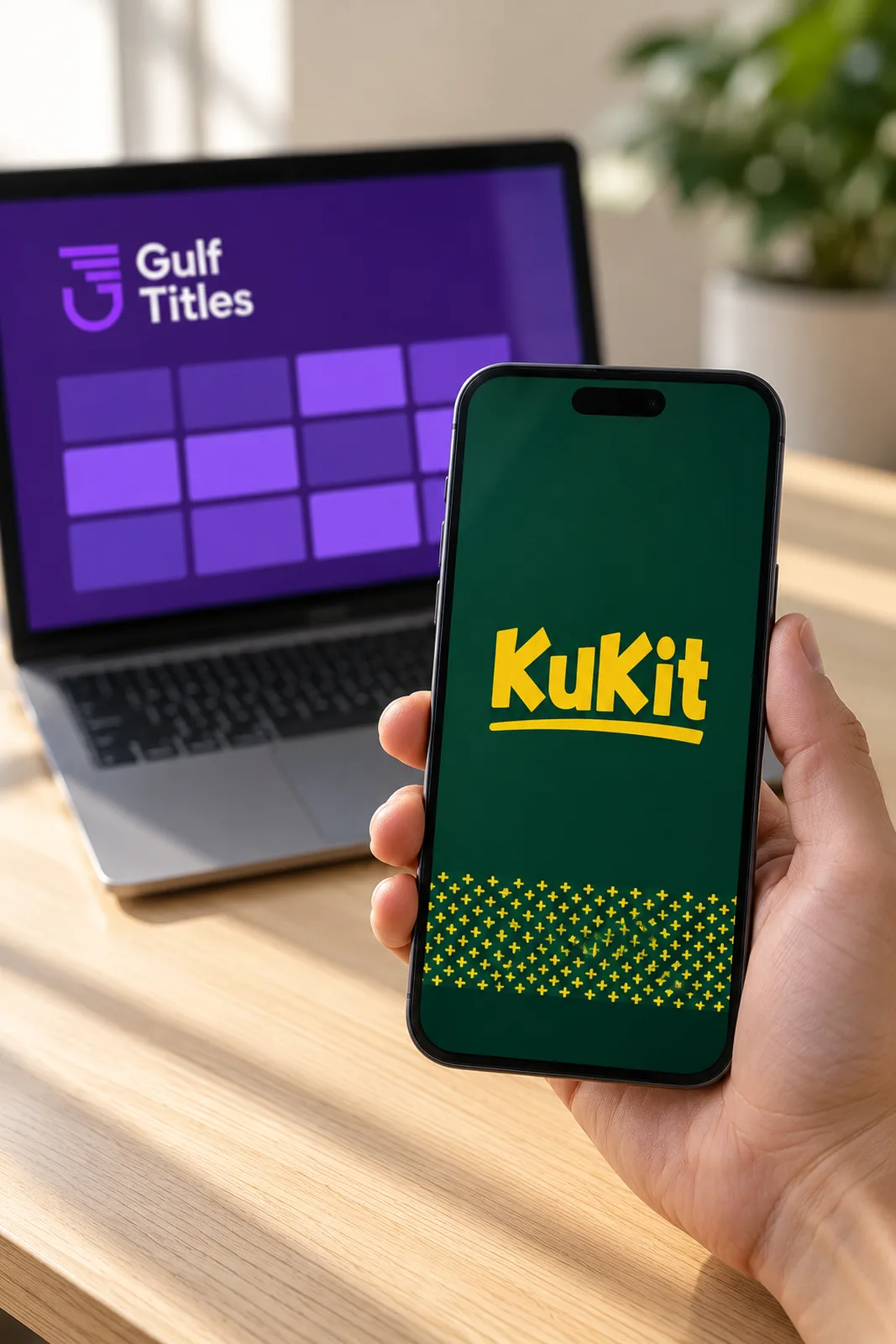 A hand holding a phone with a green and yellow KuKit story, with a purple Gulf Titles content calendar on a laptop behind.
