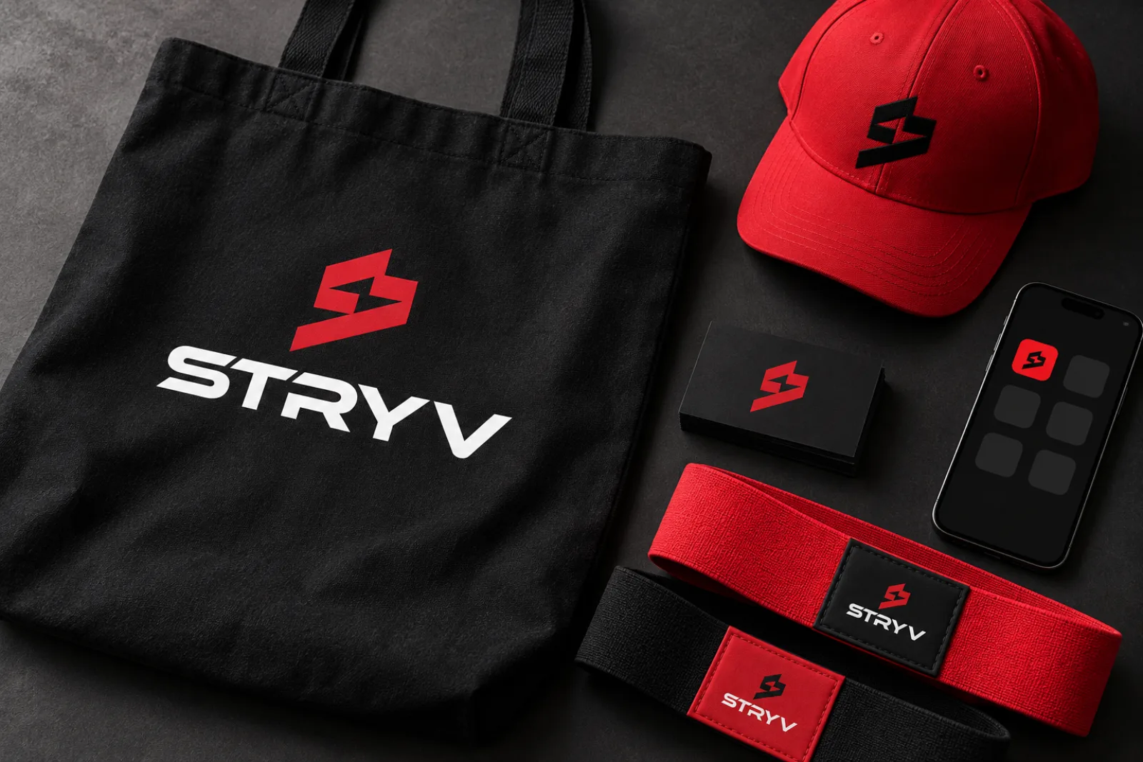 A STRYV launch kit with a black tote, cards, cap, resistance bands and a phone