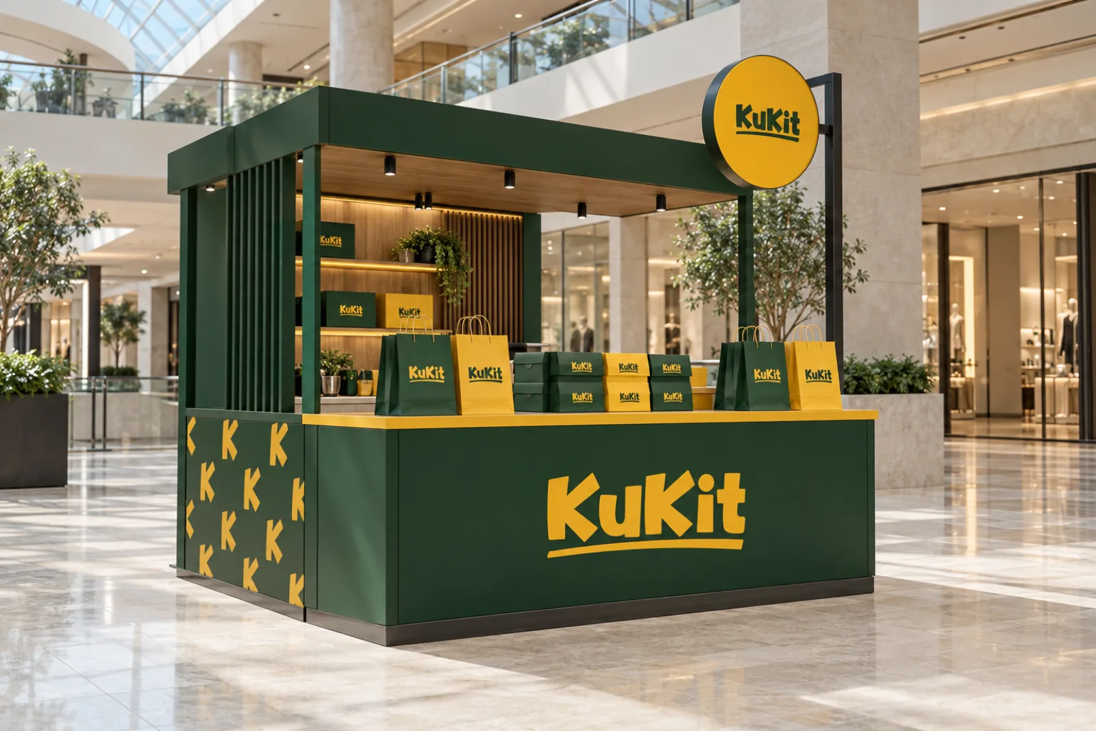 A green and yellow KuKit pop up kiosk with a round blade sign and takeaway boxes