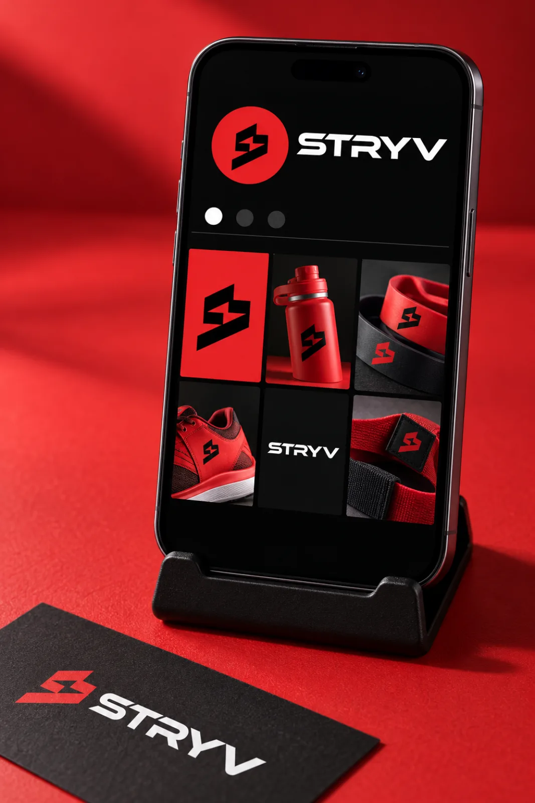 A phone on a stand showing a STRYV social profile in red and black