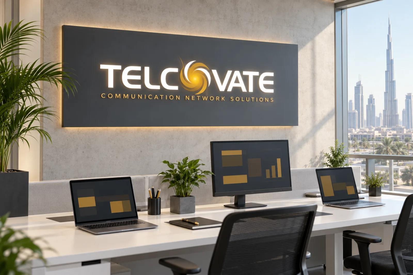 A backlit Telcovate logo on a charcoal wall above desks with laptops and a monitor