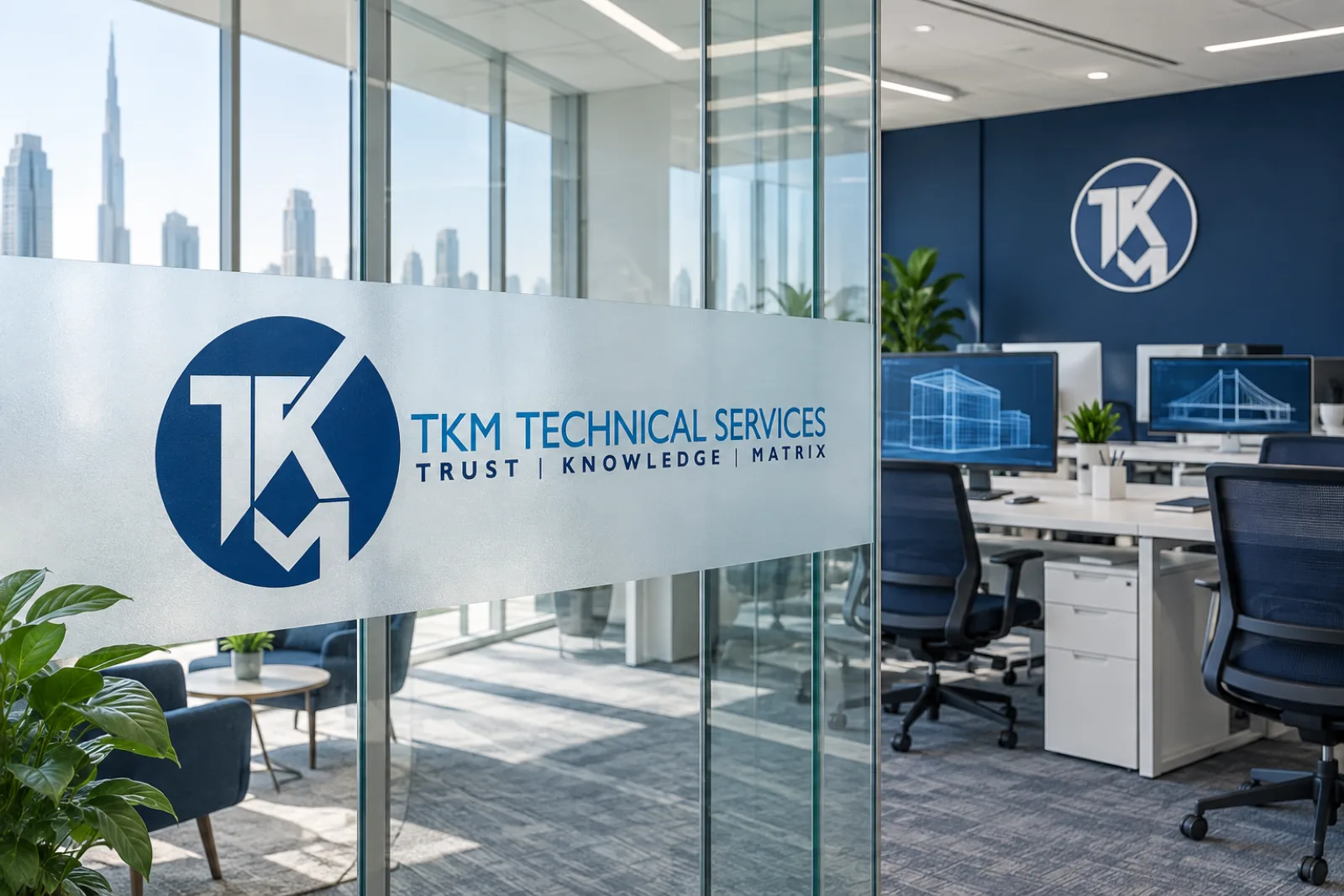 A TKM Technical Services logo on frosted glass in front of an open plan engineering office