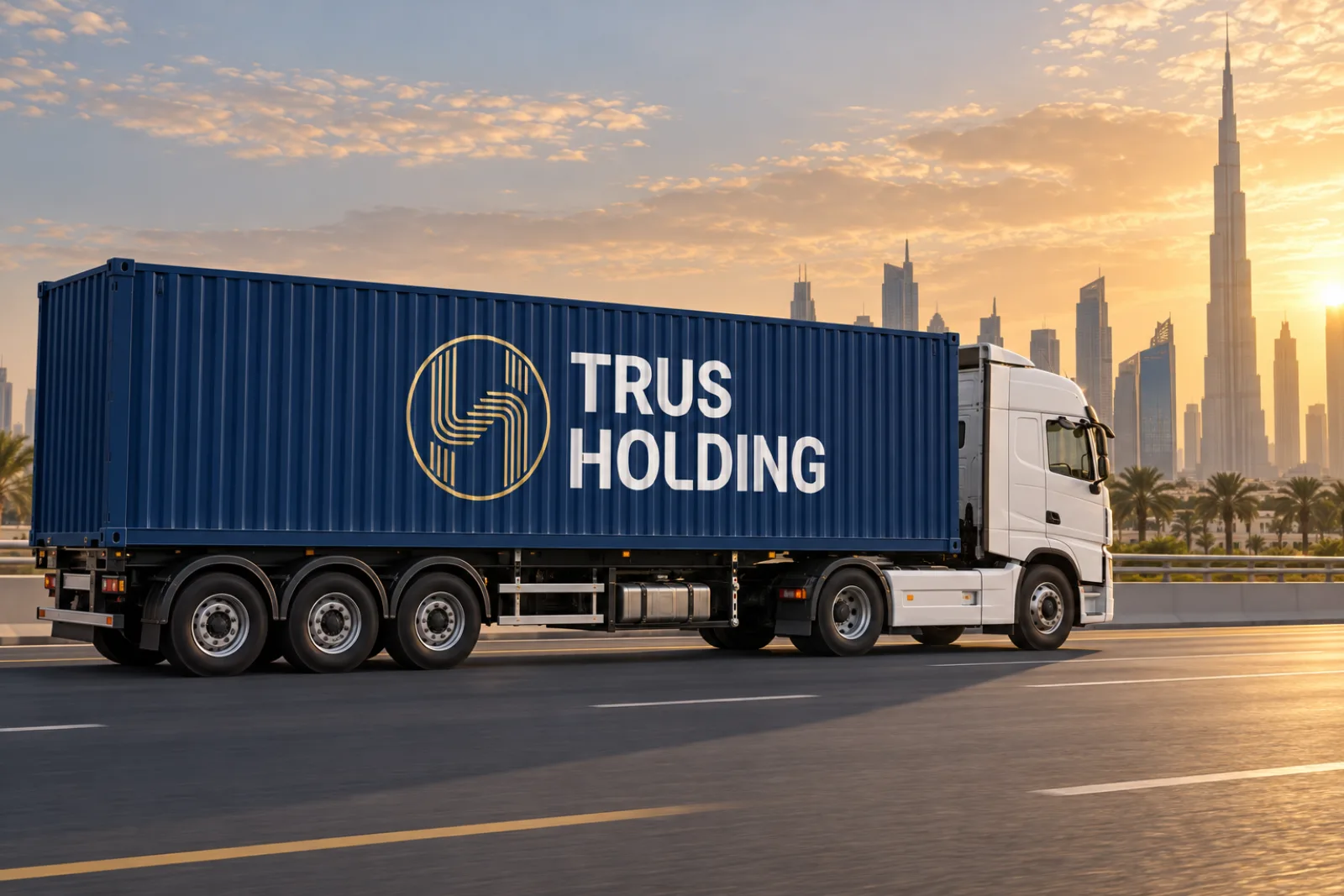 A Trus Holding truck with a navy trailer on a Dubai highway at golden hour