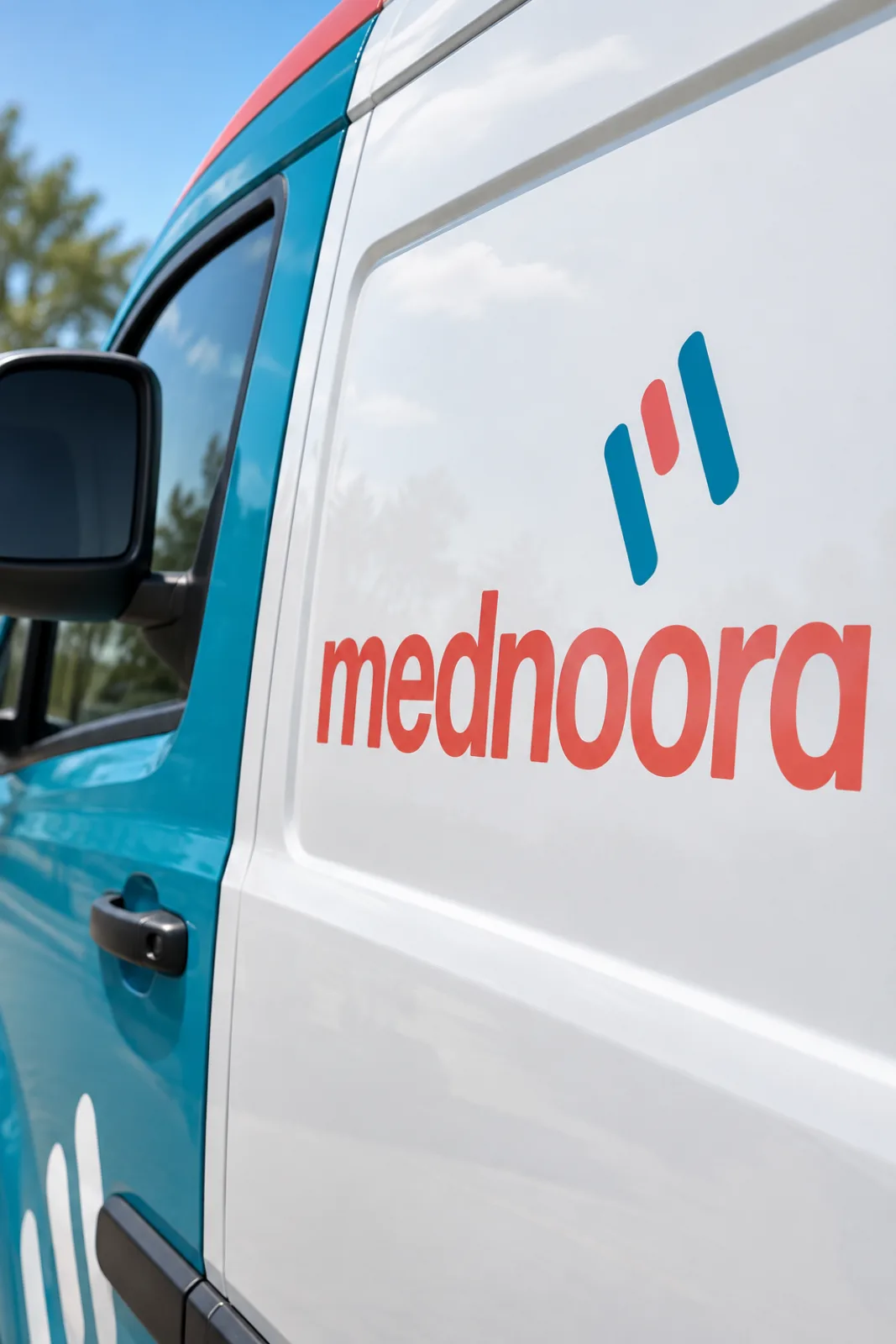 A close view of the Mednoora logo on a van side panel