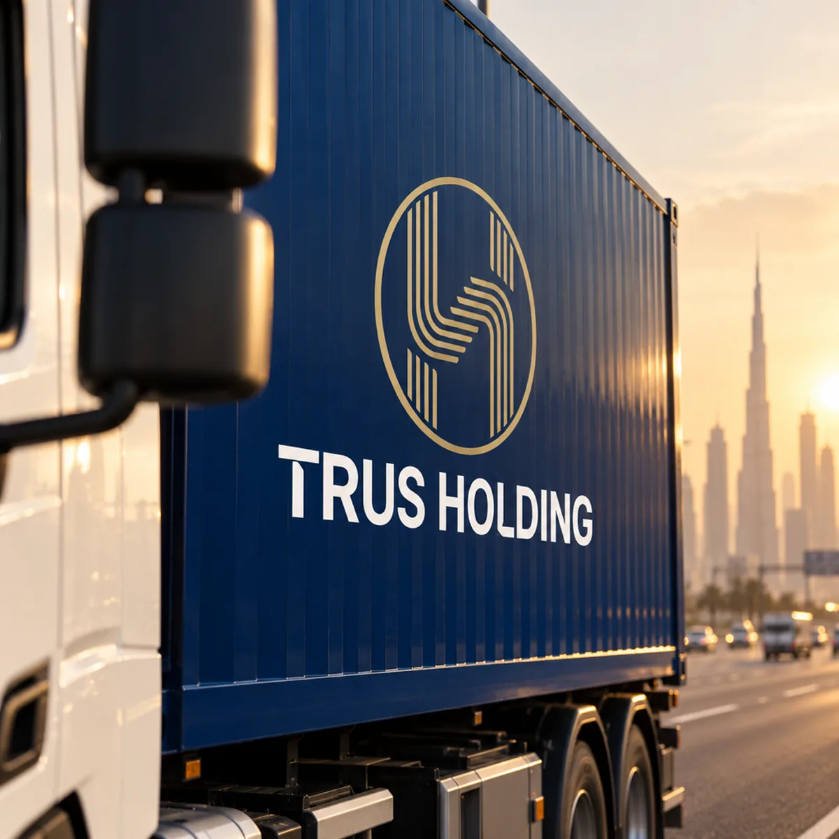 The front corner of a Trus Holding truck with a navy trailer and gold emblem at golden hour