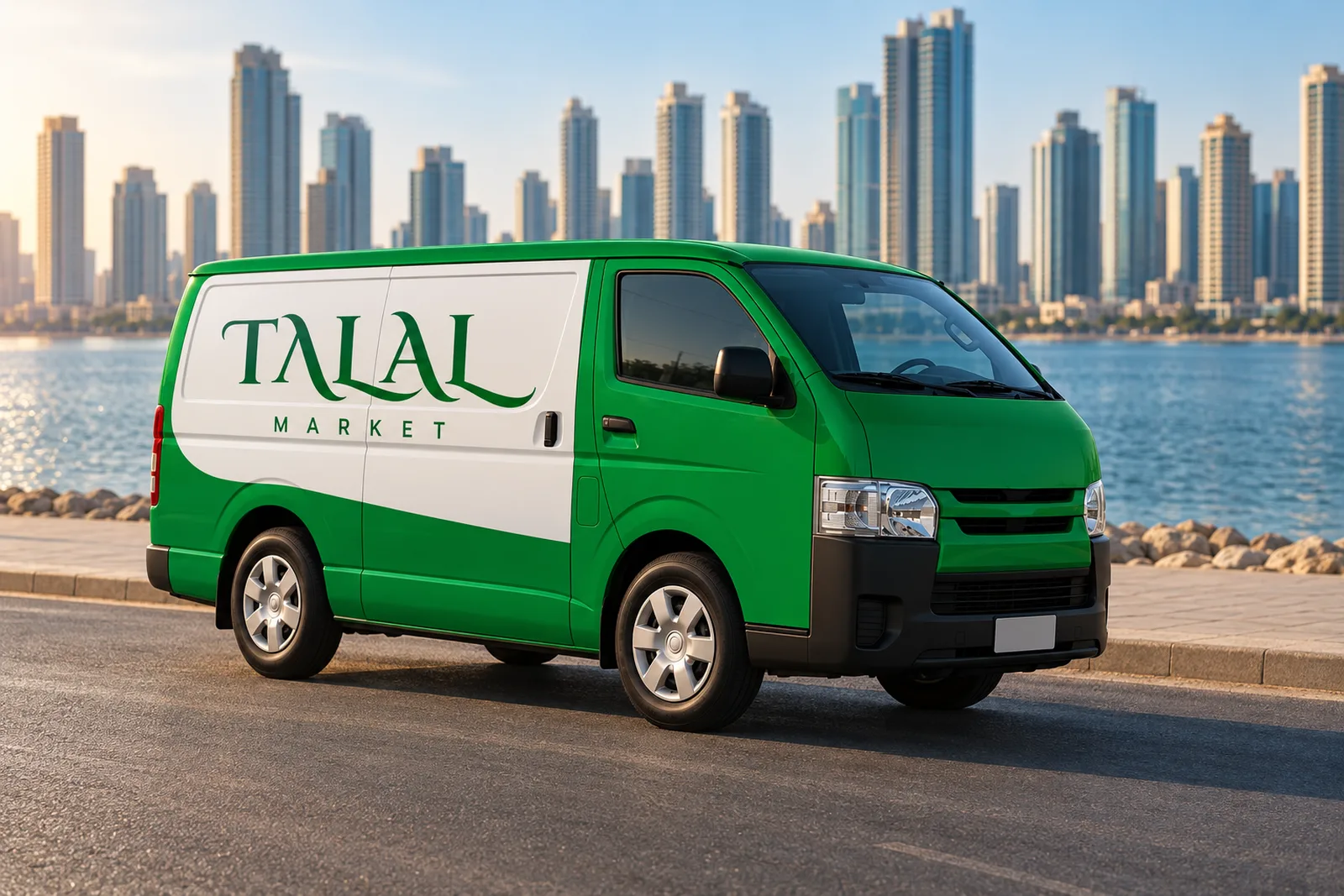 A wrapped Talal Market delivery van parked on a clean road with Abu Dhabi scenery behind.