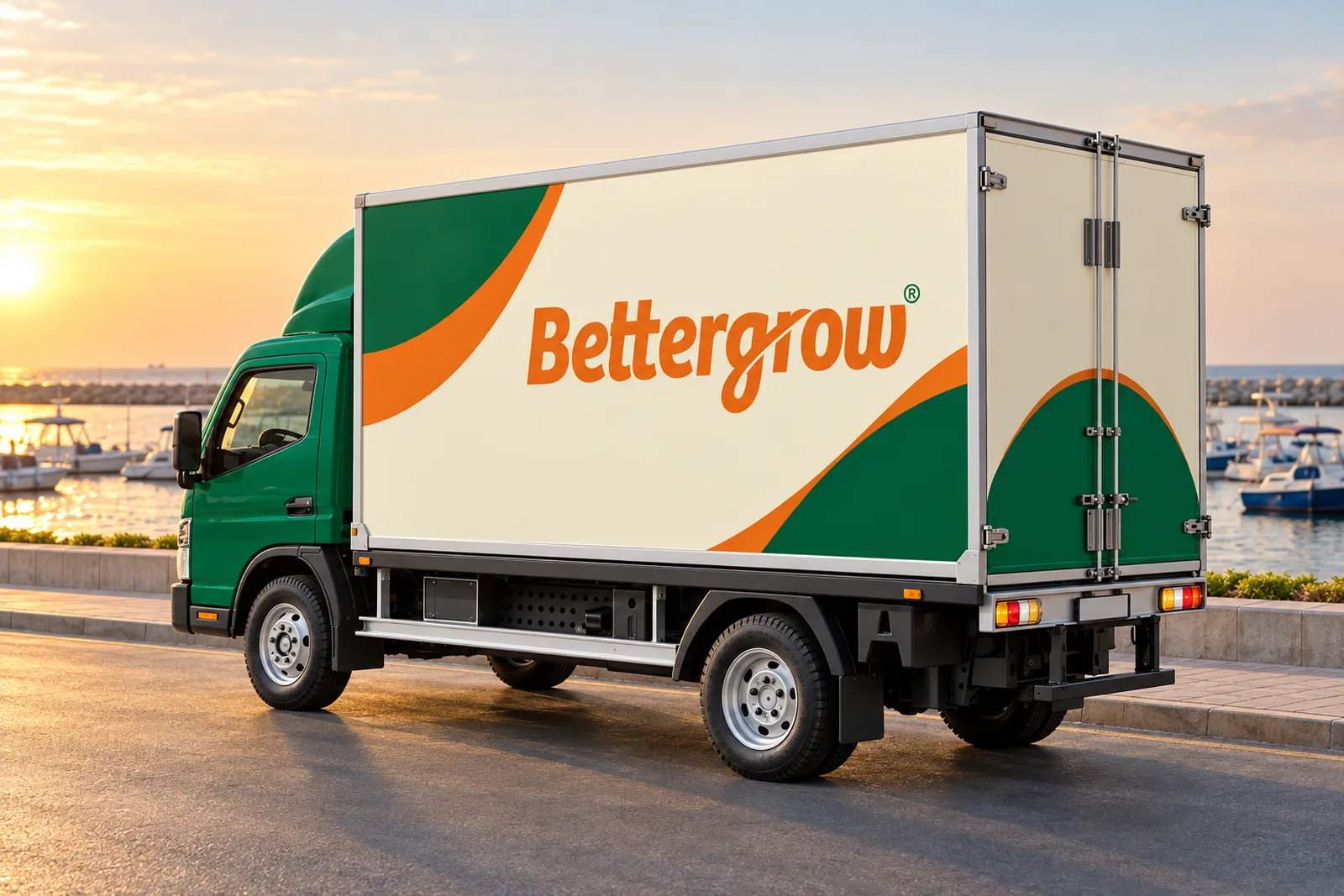 A wrapped Bettergrow delivery van parked on a clean road with Ajman scenery behind.