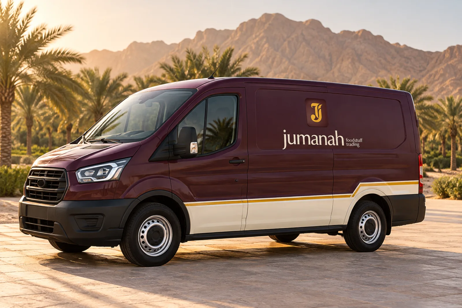 A wrapped delivery van for Jumanah in a calm setting, with date palms and a mountain ridge in Al Ain softly in the background.