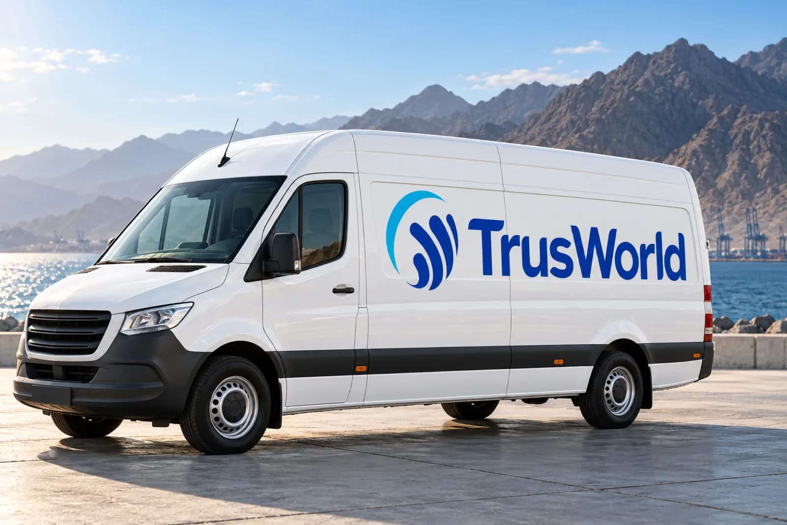 A wrapped delivery van for TrusWorld in a calm setting, with mountains meeting the sea in Fujairah softly in the background.