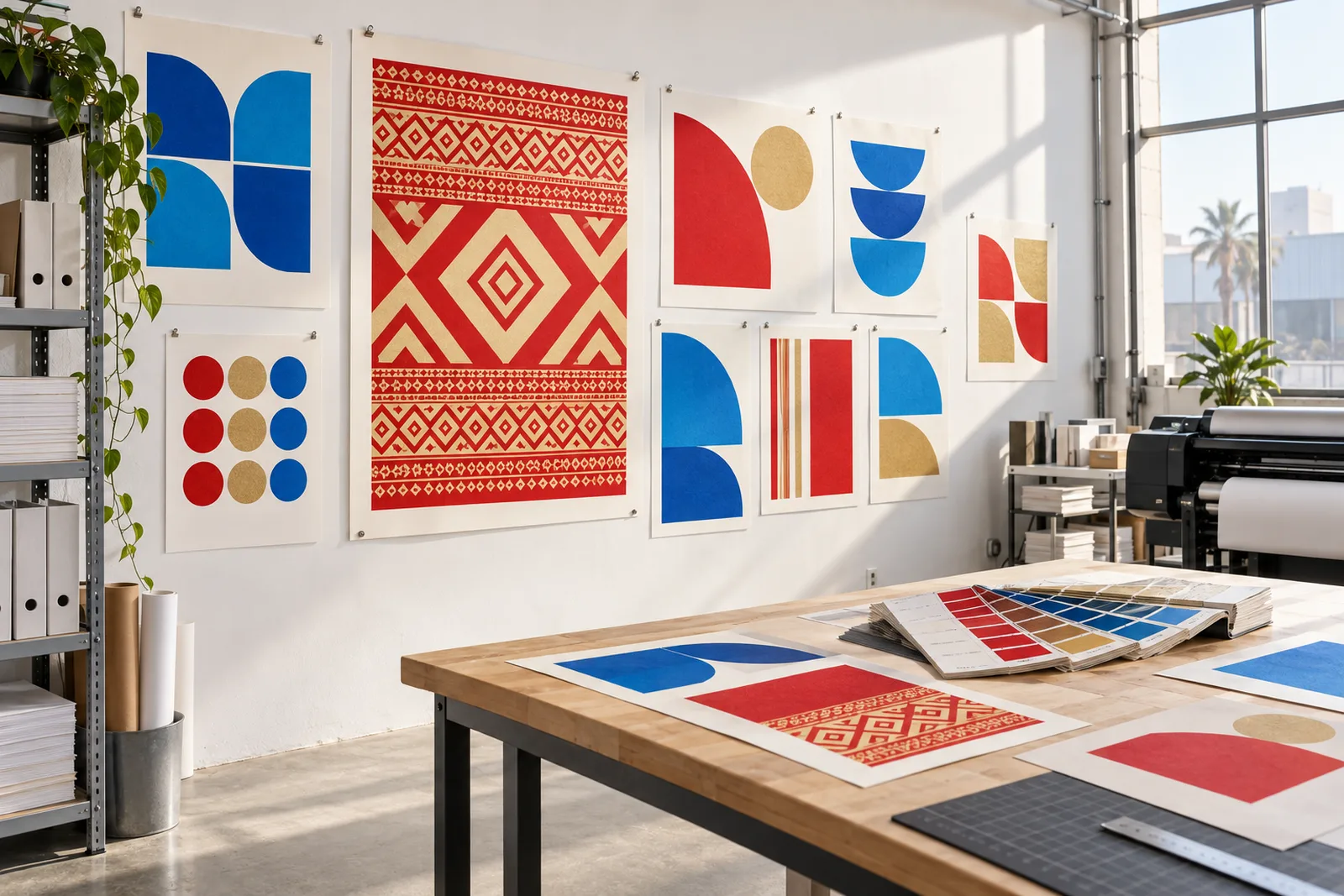 A bright print studio with bold red, gold and blue pattern posters on the wall and colour proofs on a worktable