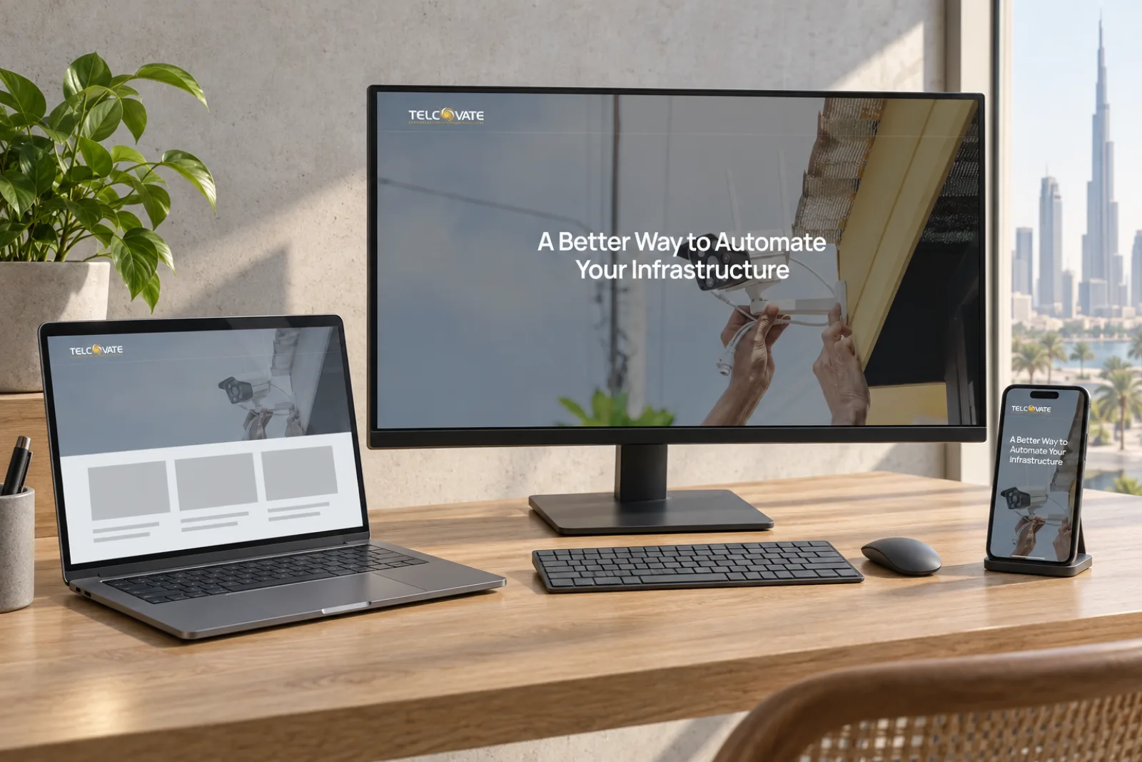 The Telcovate website on a desktop monitor with a laptop and phone on a studio desk