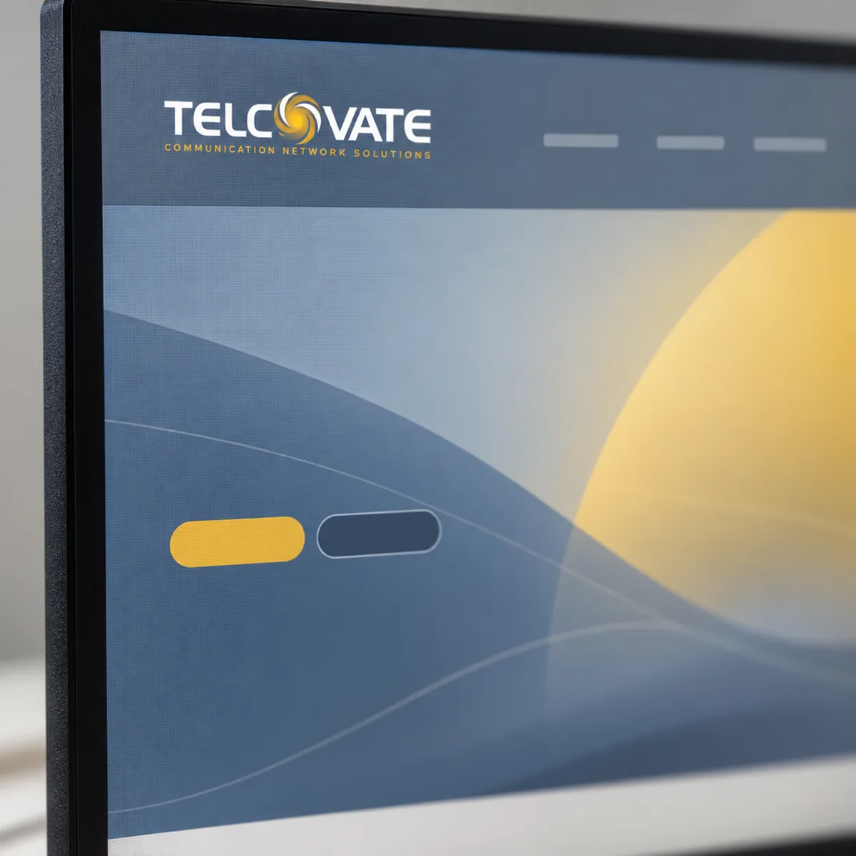 The Telcovate website header and hero on a monitor with the screen pixels visible