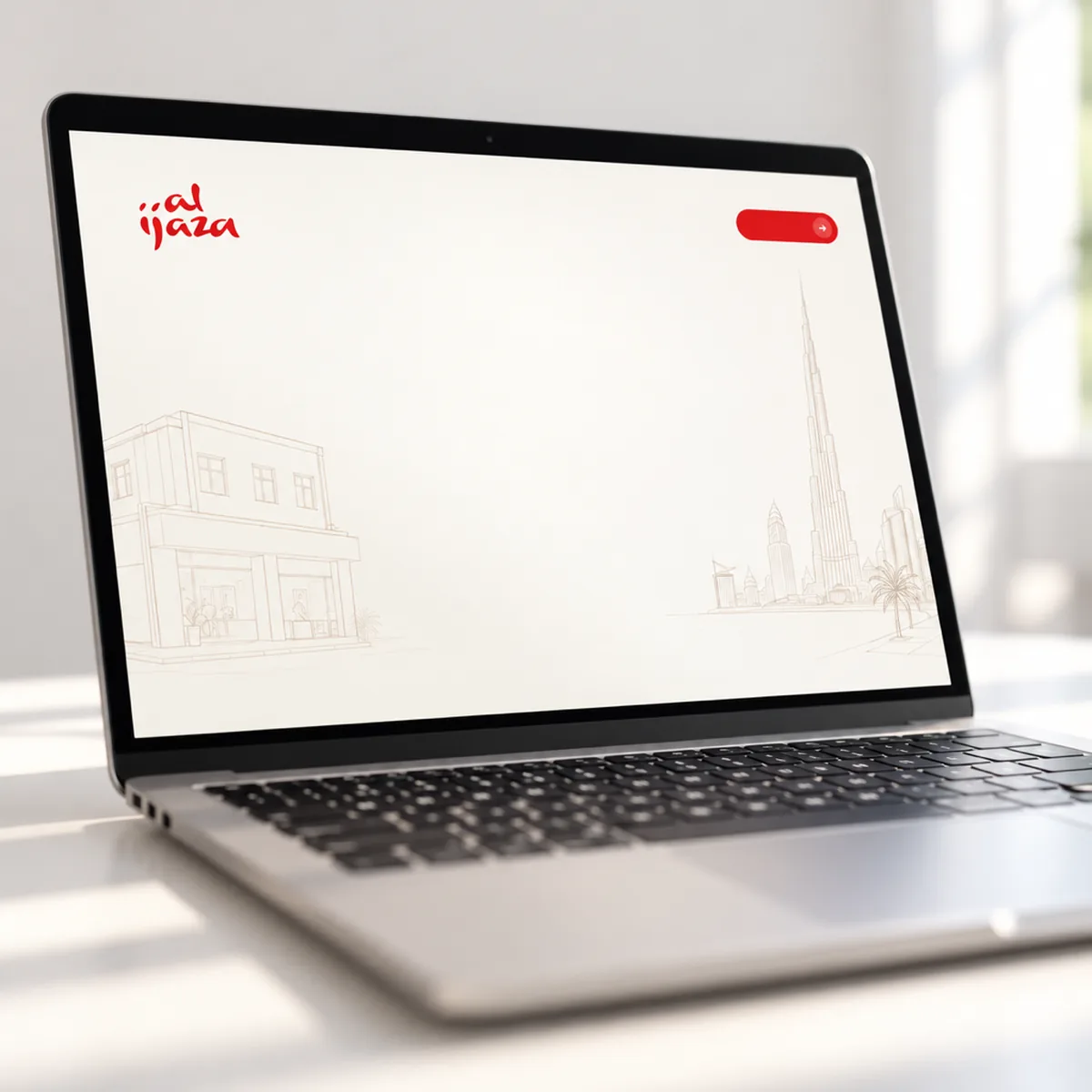 A laptop screen showing the Al Ijaza homepage seen low over the keyboard