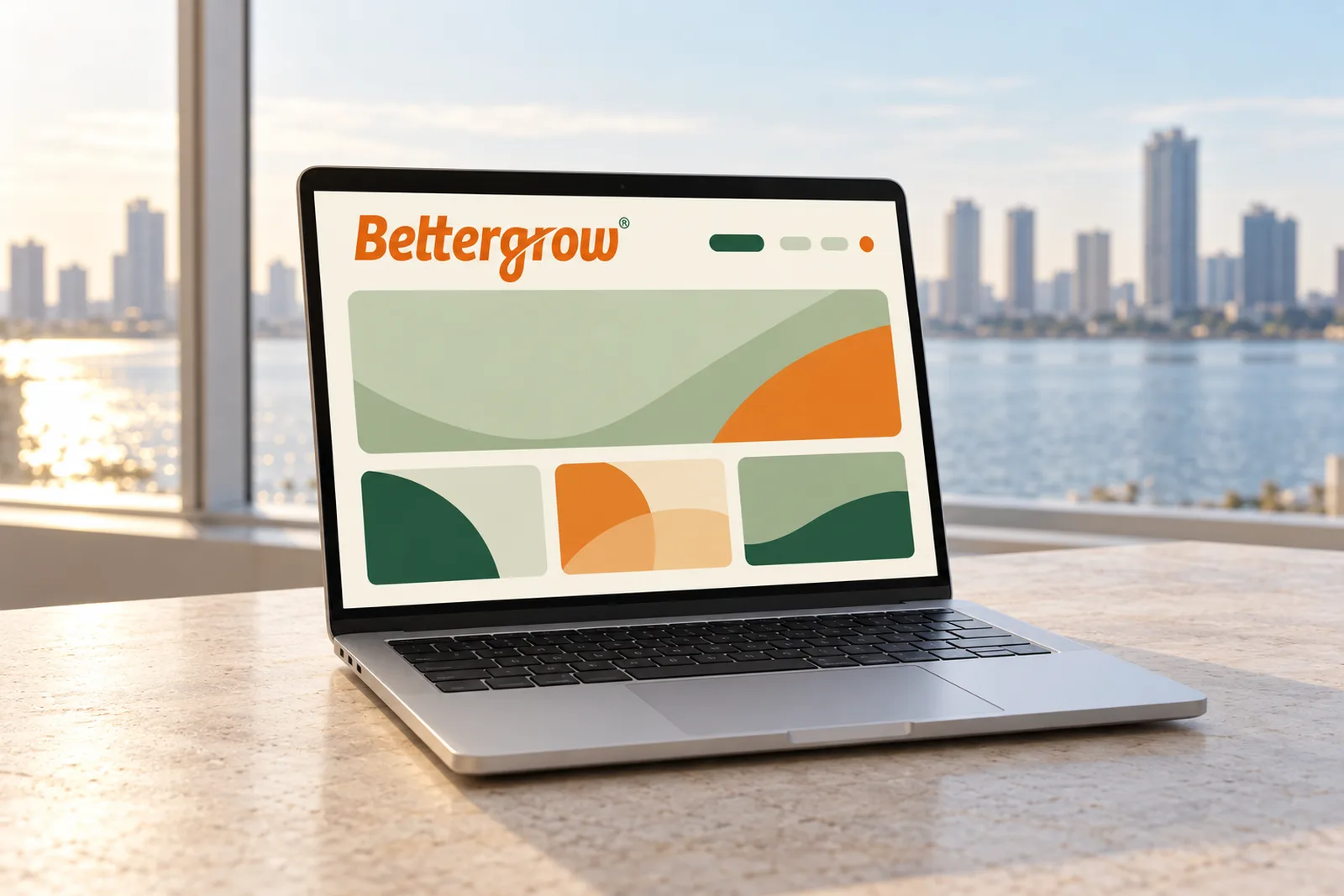 A laptop on a stone desk showing the Bettergrow website home page, with Abu Dhabi out of focus through the window.