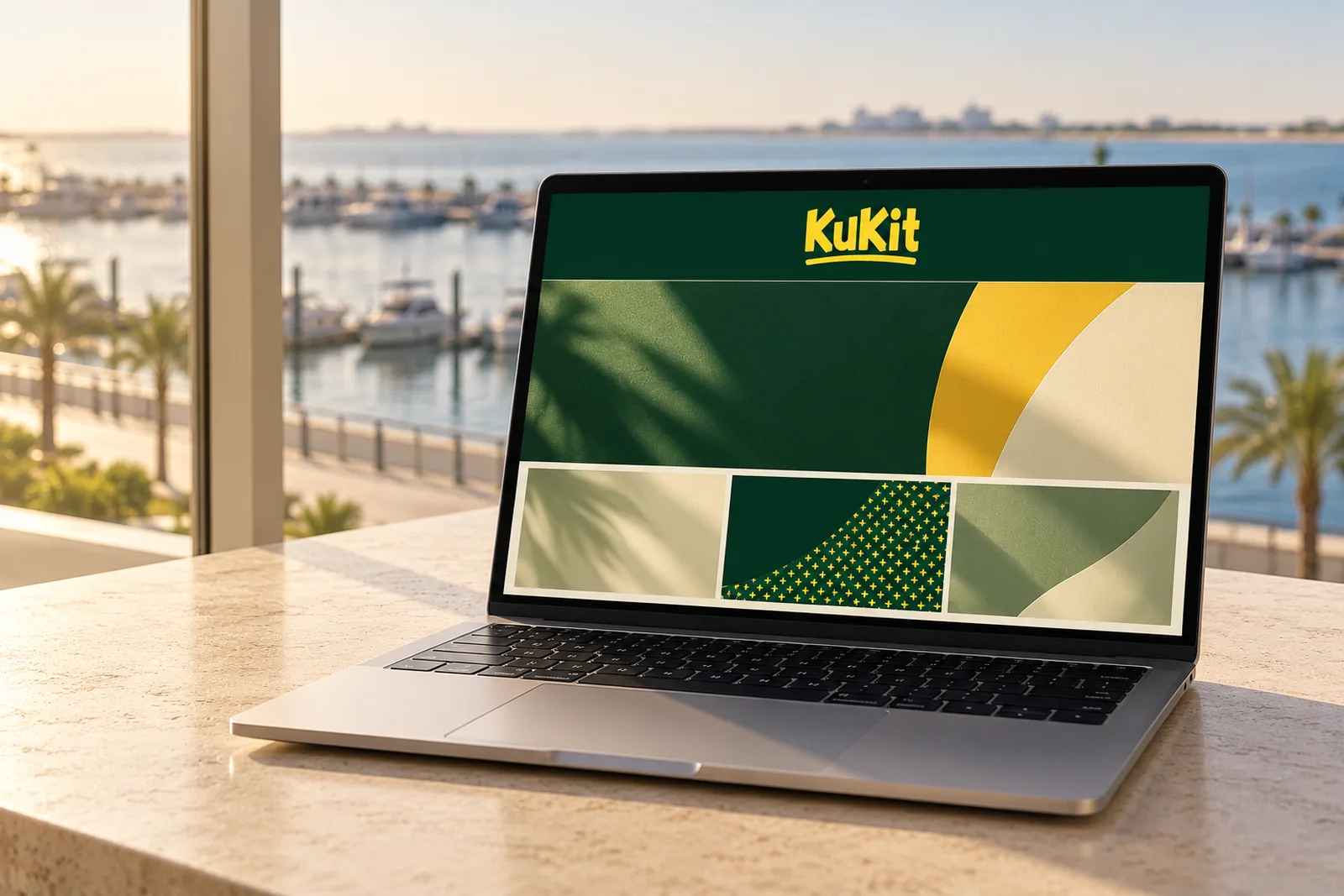A laptop on a stone desk showing the KuKit website home page, with Ajman out of focus through the window.