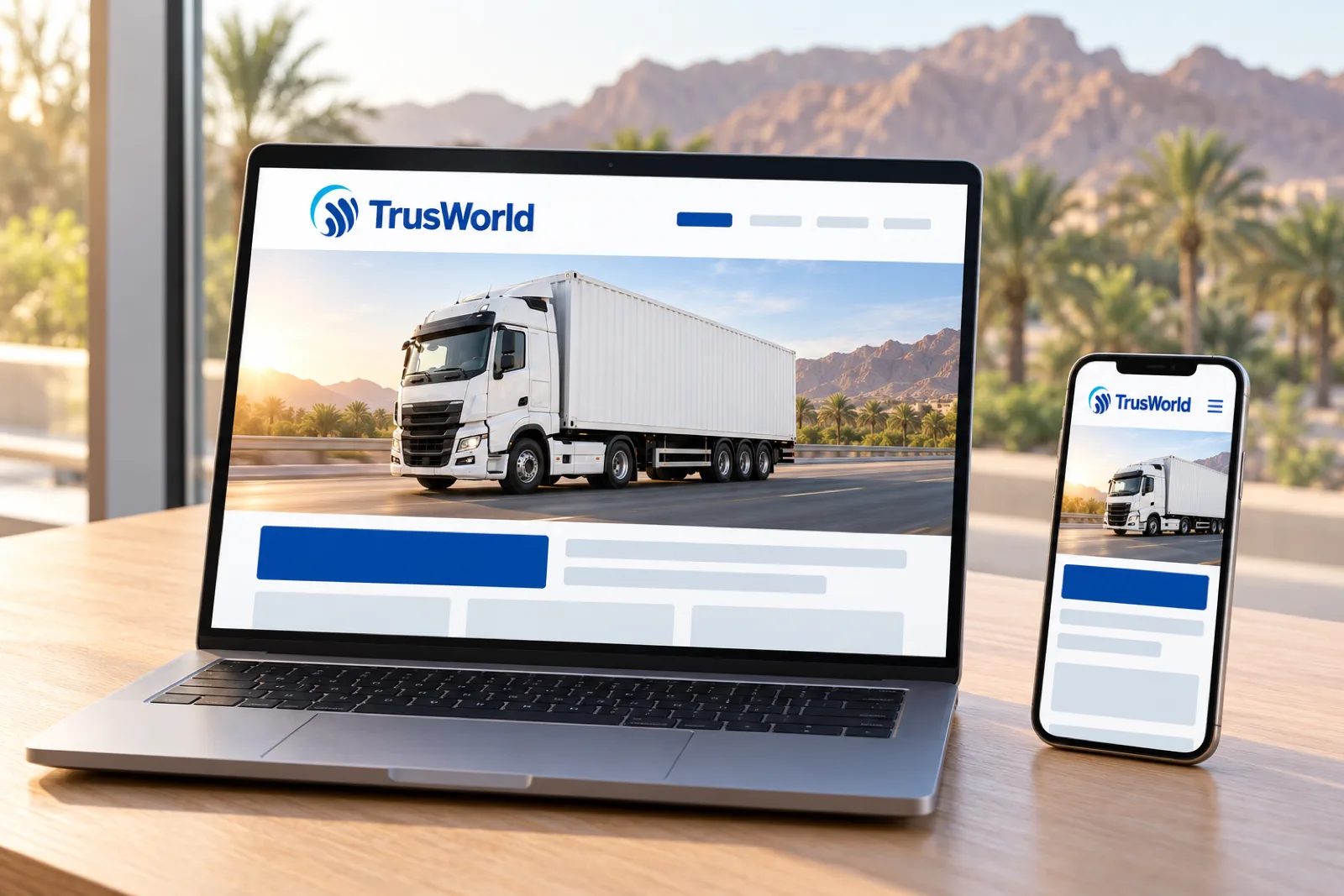 A website home page on a laptop and phone for TrusWorld in a calm setting, with date palms and a mountain ridge in Al Ain softly in the background.