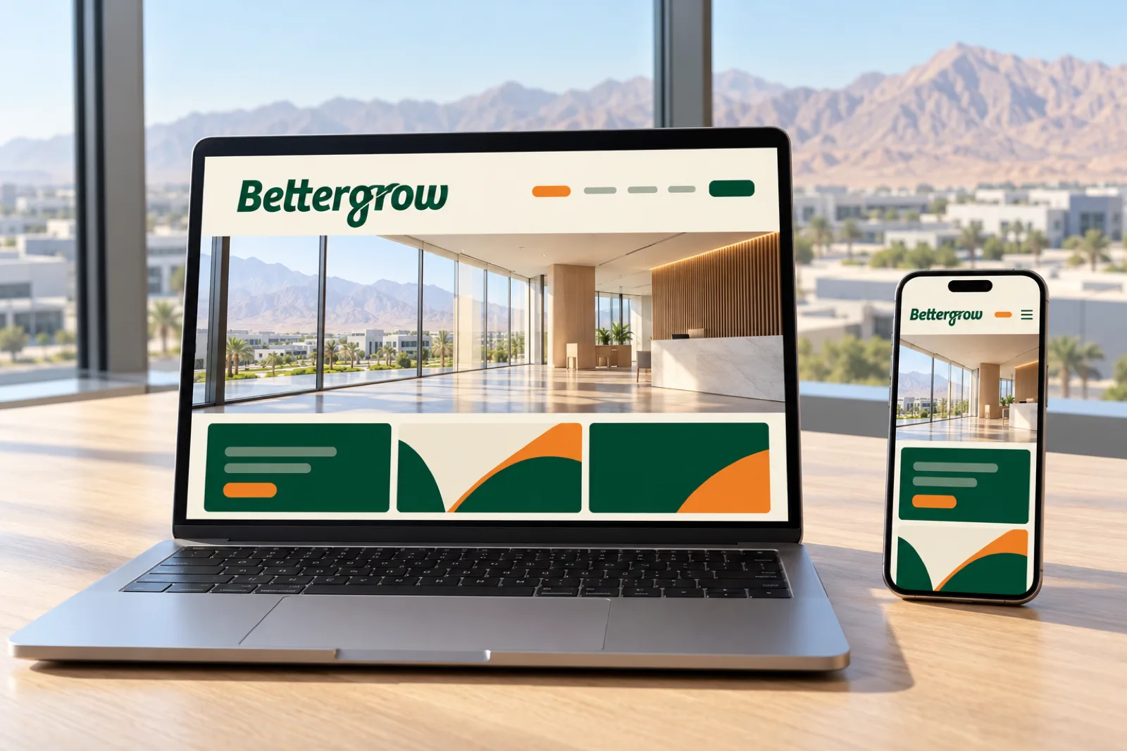 A website home page on a laptop and phone for Bettergrow in a calm setting, with mountains behind a business park in Ras Al Khaimah softly in the background.