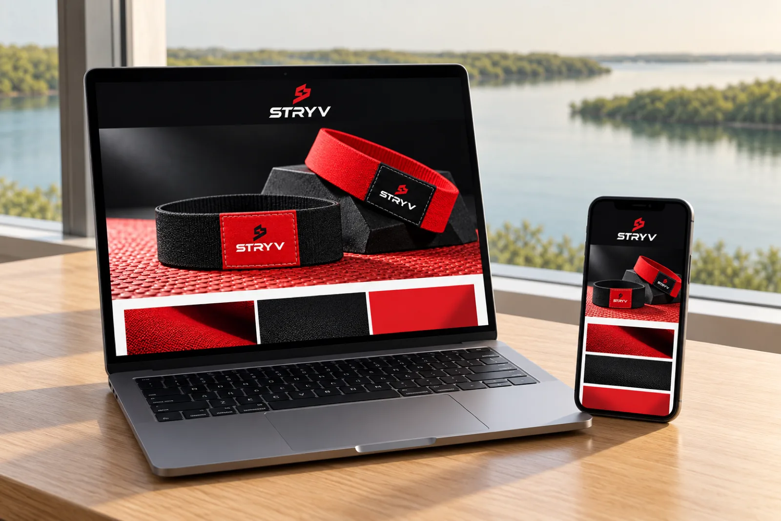 A website home page on a laptop and phone for Stryv in a calm setting, with a quiet lagoon edge in Umm Al Quwain softly in the background.