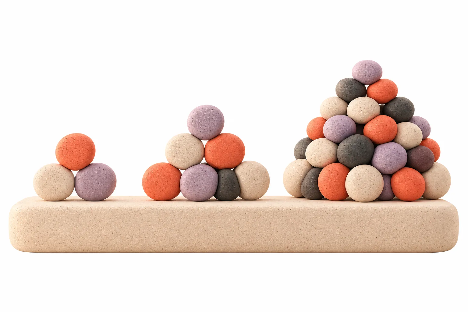 Abstract illustration of clay balls on a pale plinth in three groups that grow from three to seven to a large pile.