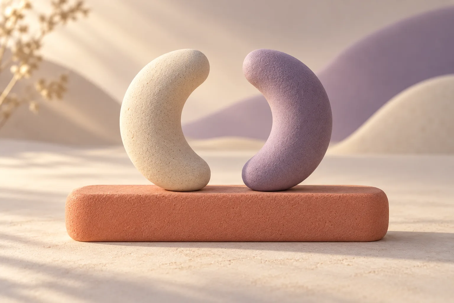 Abstract illustration of two curved forms, one cream and one purple, facing each other on a single coral bar.