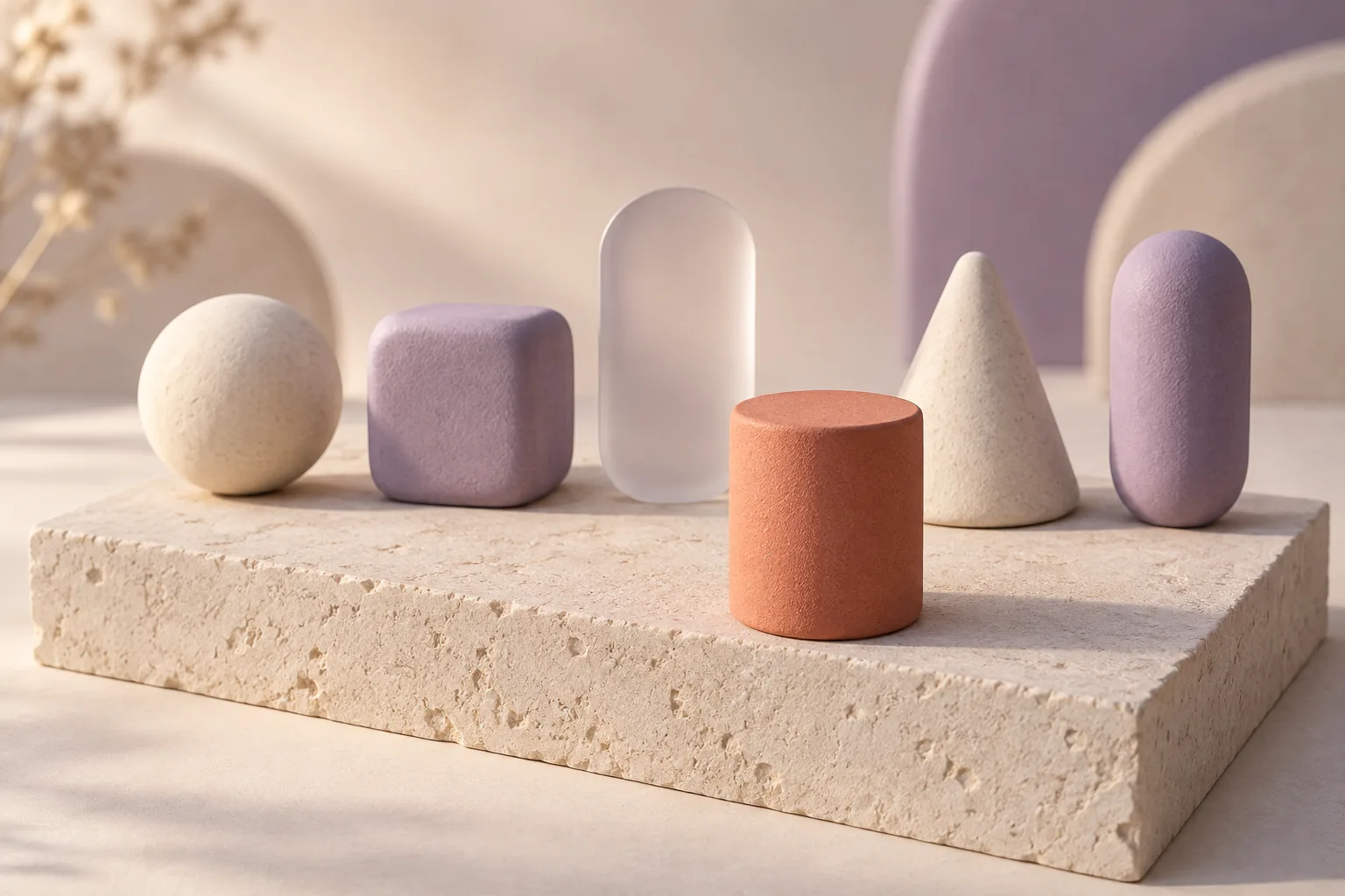 Abstract illustration of a coral cylinder chosen from a row of cream and purple forms on a stone plinth.